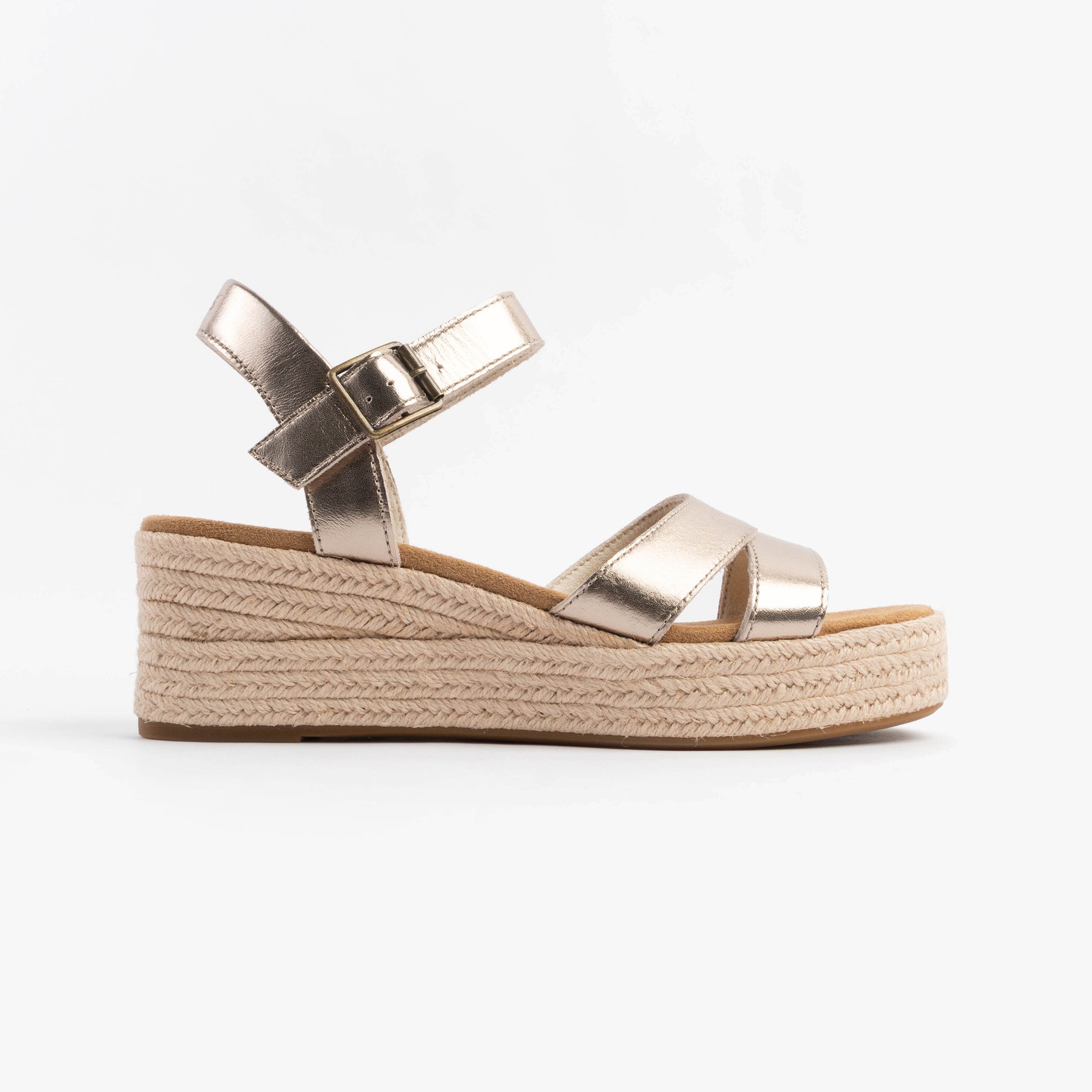 TOMS AUDREY Womens Sandals Gold side view showcasing wedge heel and buckle closure.