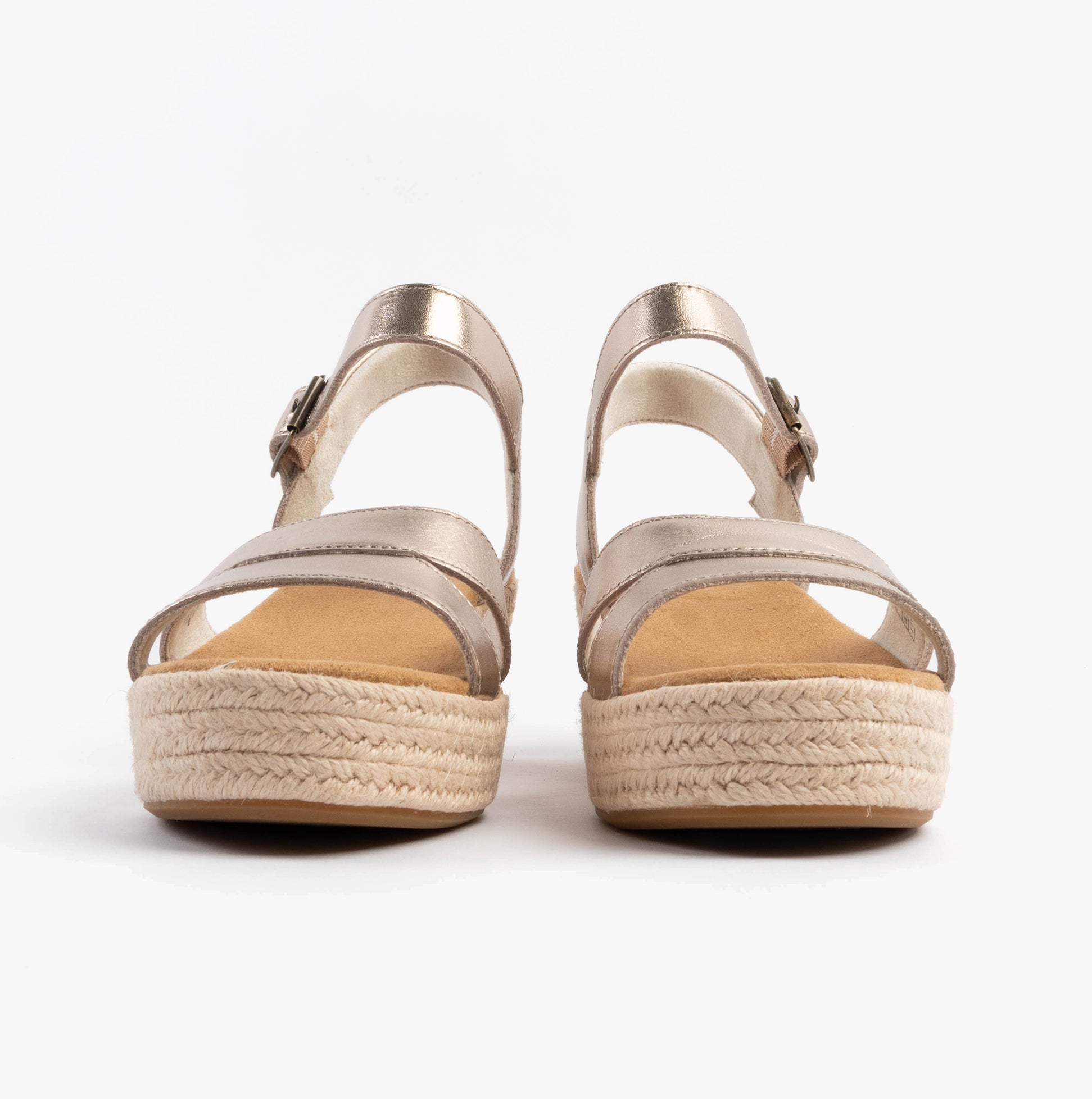 TOMS AUDREY Womens Sandals Gold rear view showing wedge heel and buckle closure.