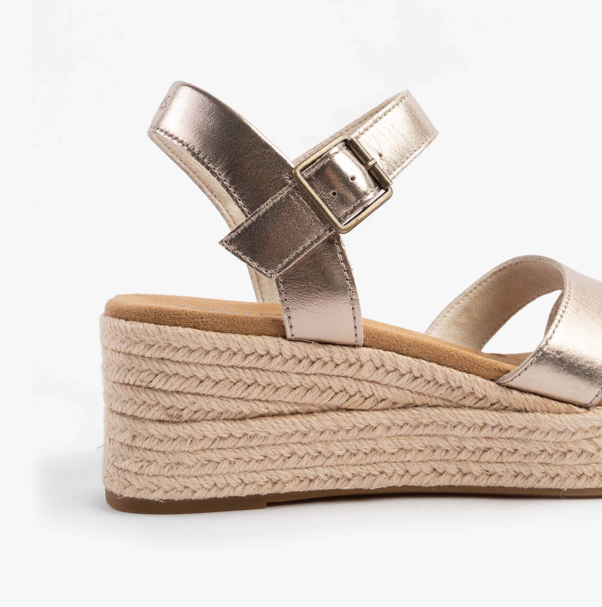 TOMS AUDREY Womens Sandals Gold side view showcasing linen upper, wedge heel, and buckle detail.