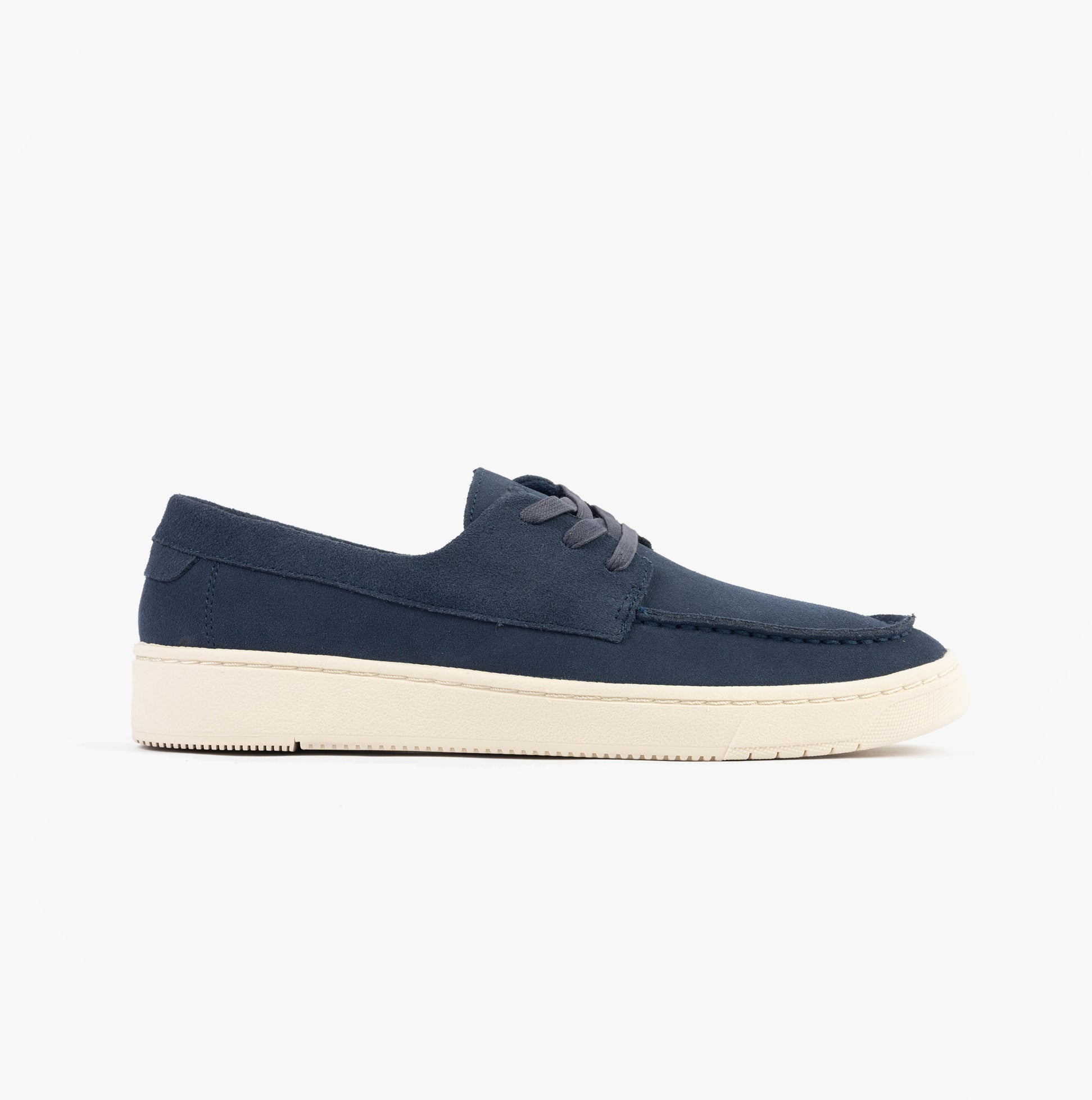 TOMS TRVL LITE LONDON Mens Casual Shoes Navy side view, suede upper, lace-up, relaxed fit, round toe, low heel.