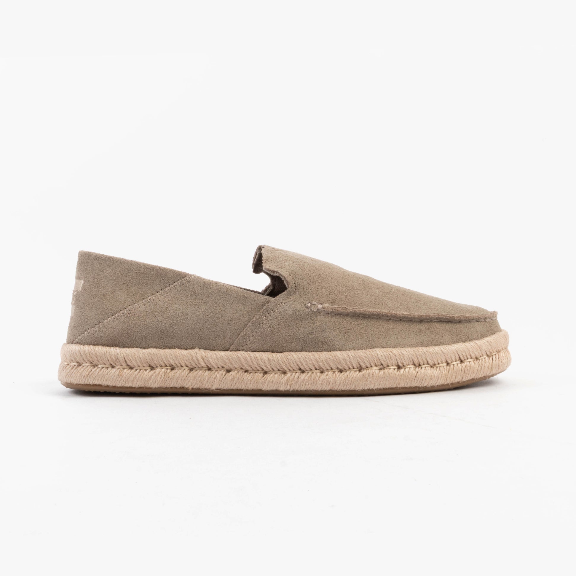 TOMS ALONSO LOAFER ROPE Mens Espadrille Taupe side view of suede slip-on shoes with rope sole.