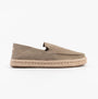 TOMS ALONSO LOAFER ROPE Mens Espadrille Taupe side view of suede slip-on shoes with rope sole.