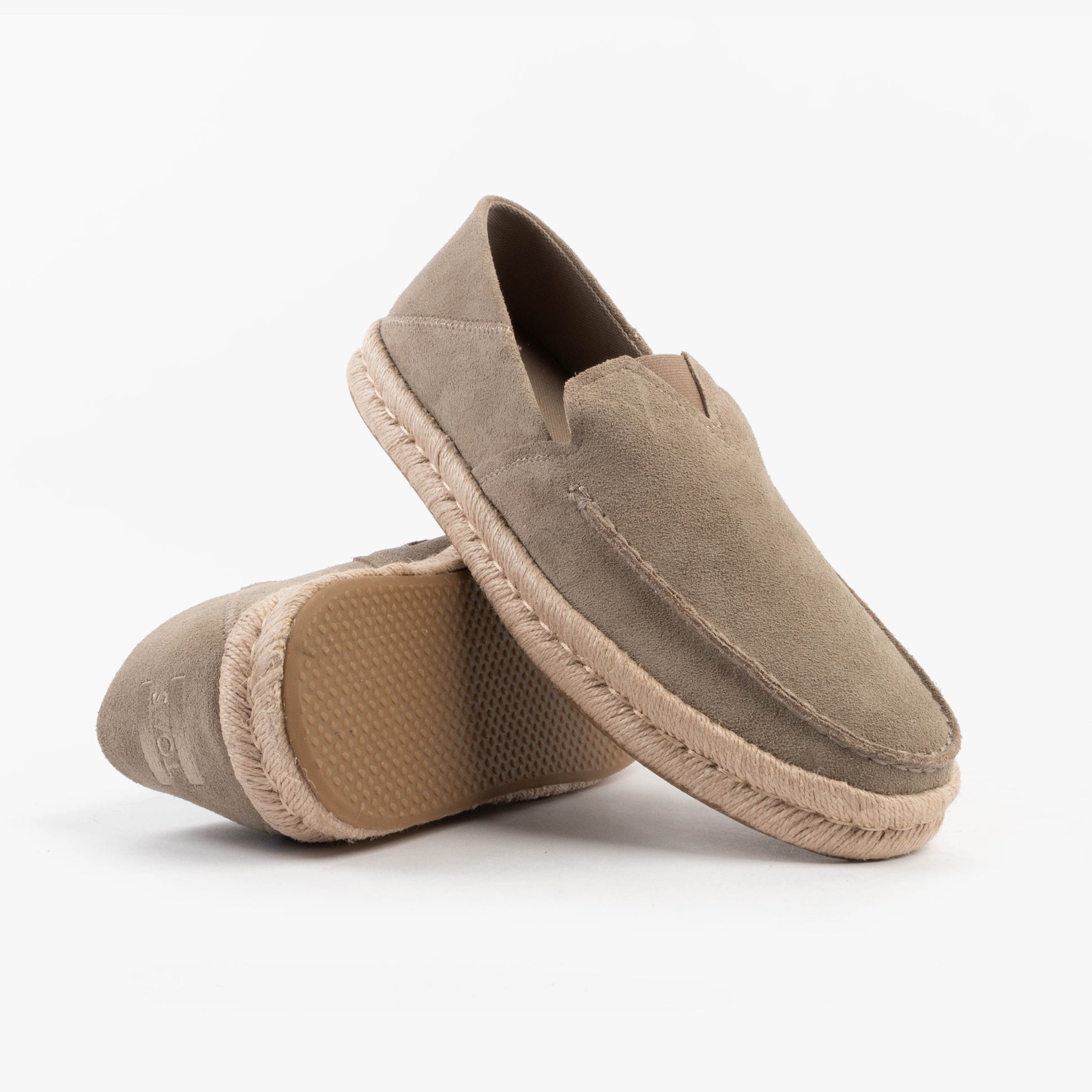 TOMS ALONSO LOAFER ROPE Mens Espadrille Taupe side view with suede upper and rubber sole.