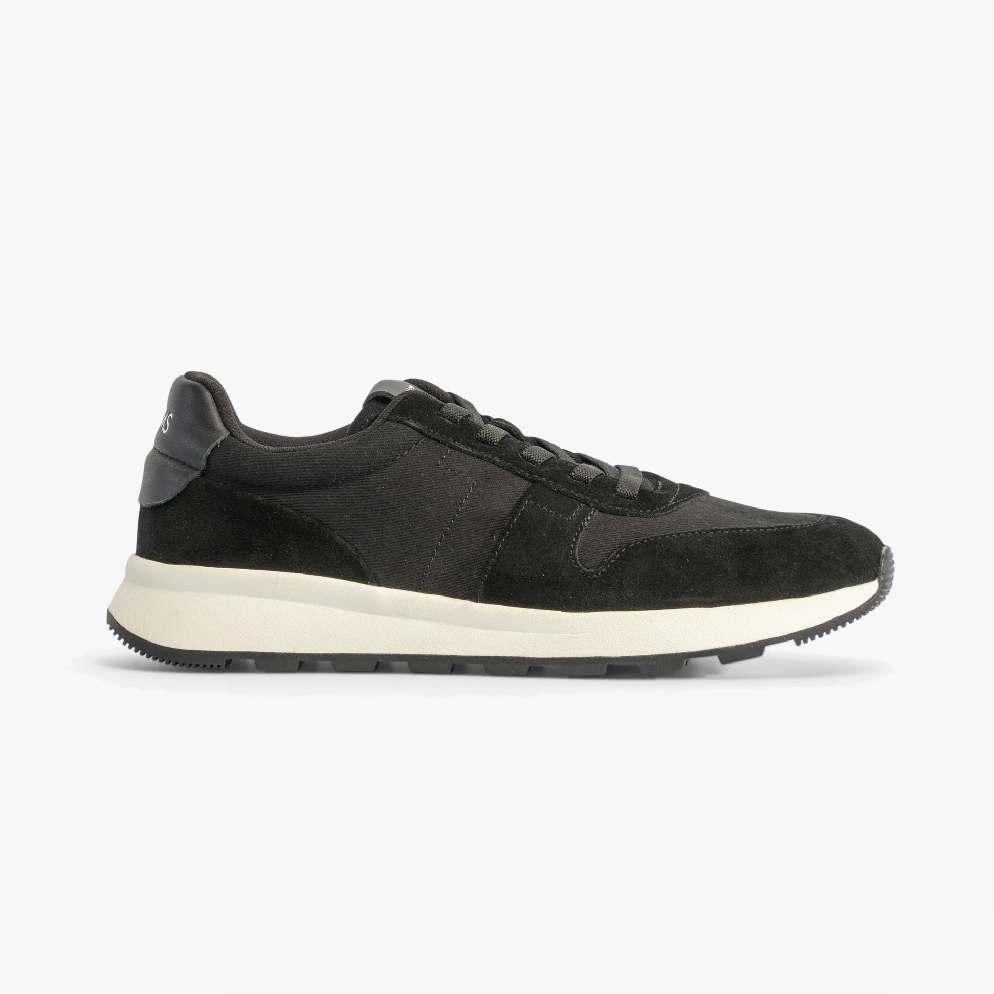 TOMS TRVL LITE RETRO Mens Trainers Black side view featuring suede upper and rubber sole.