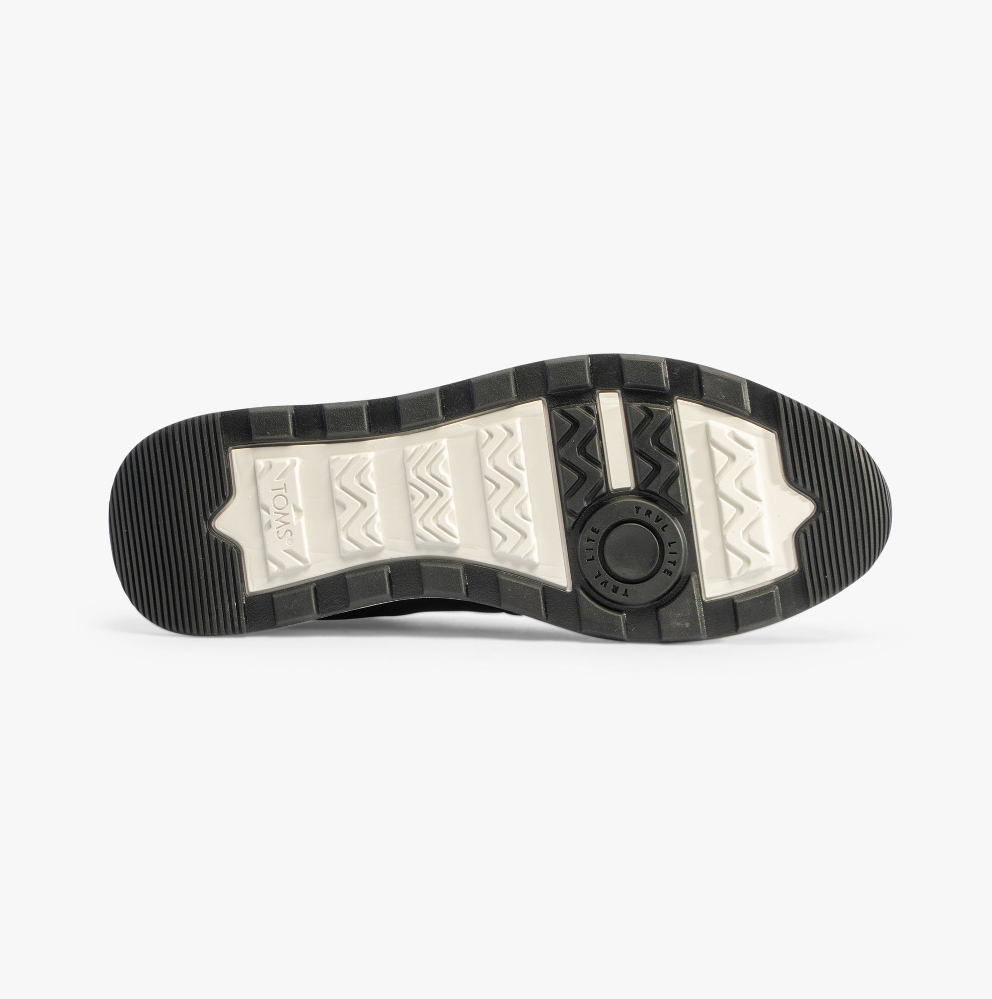 TOMS TRVL LITE RETRO Mens Trainers Black bottom view showing textured rubber sole.