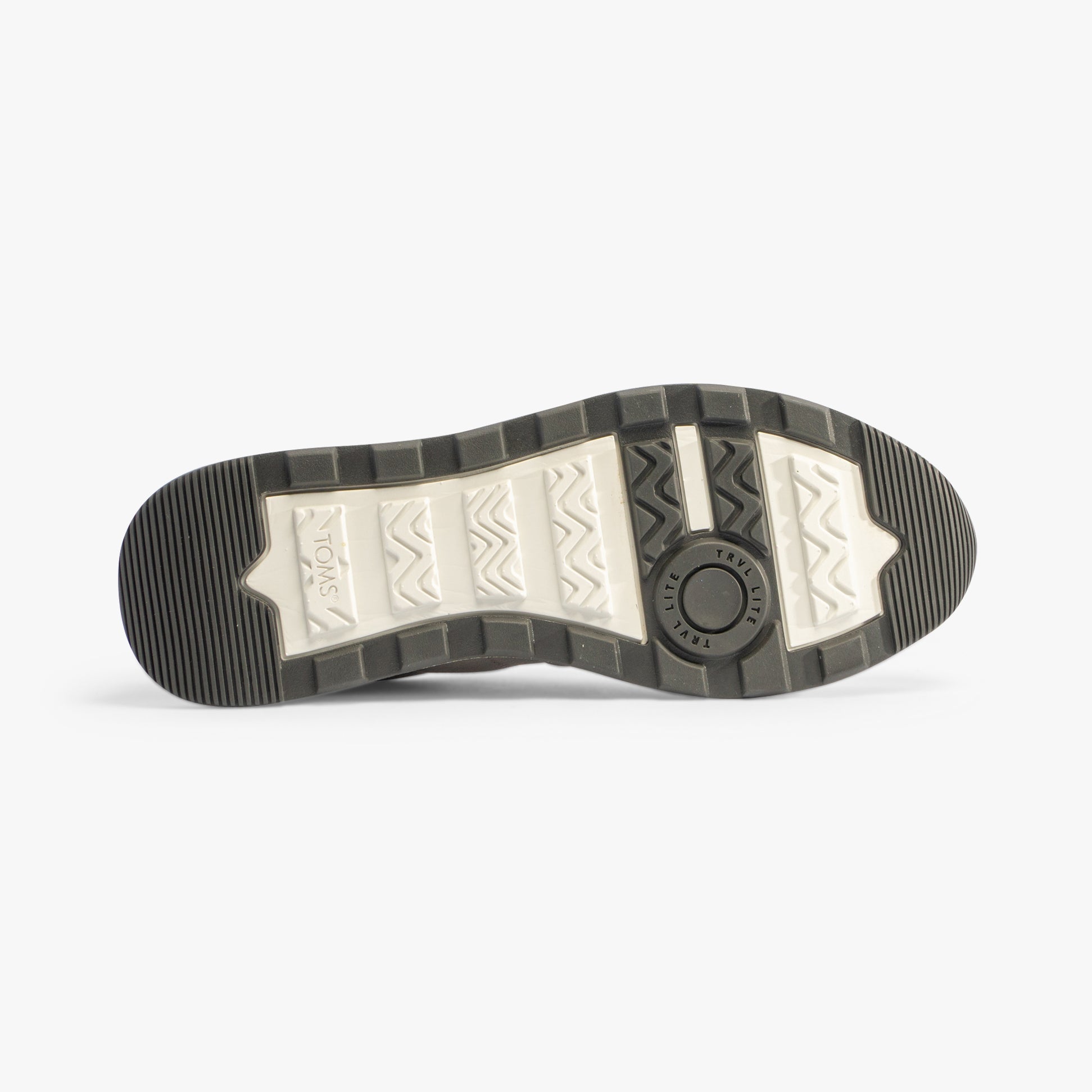 TOMS TRVL LITE RETRO Mens Trainers Grey sole view with rubber material and textured design.