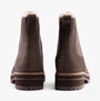 TOMS BENNET Womens Boots Green back view with block heel and fur lining, showcasing Chelsea boot style.