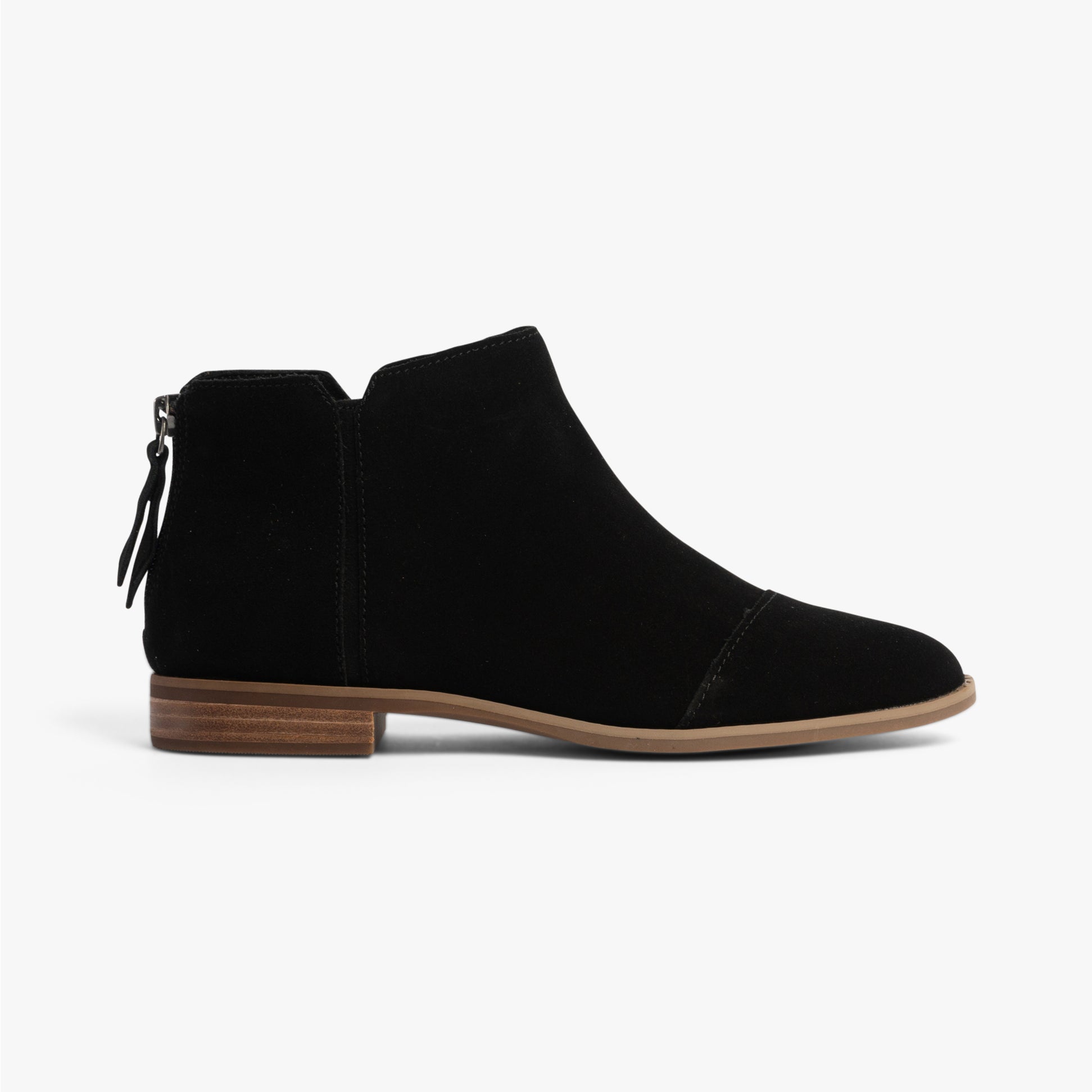 TOMS RYLIE Womens Boots Black side view featuring suede upper, round toe, and low heel.