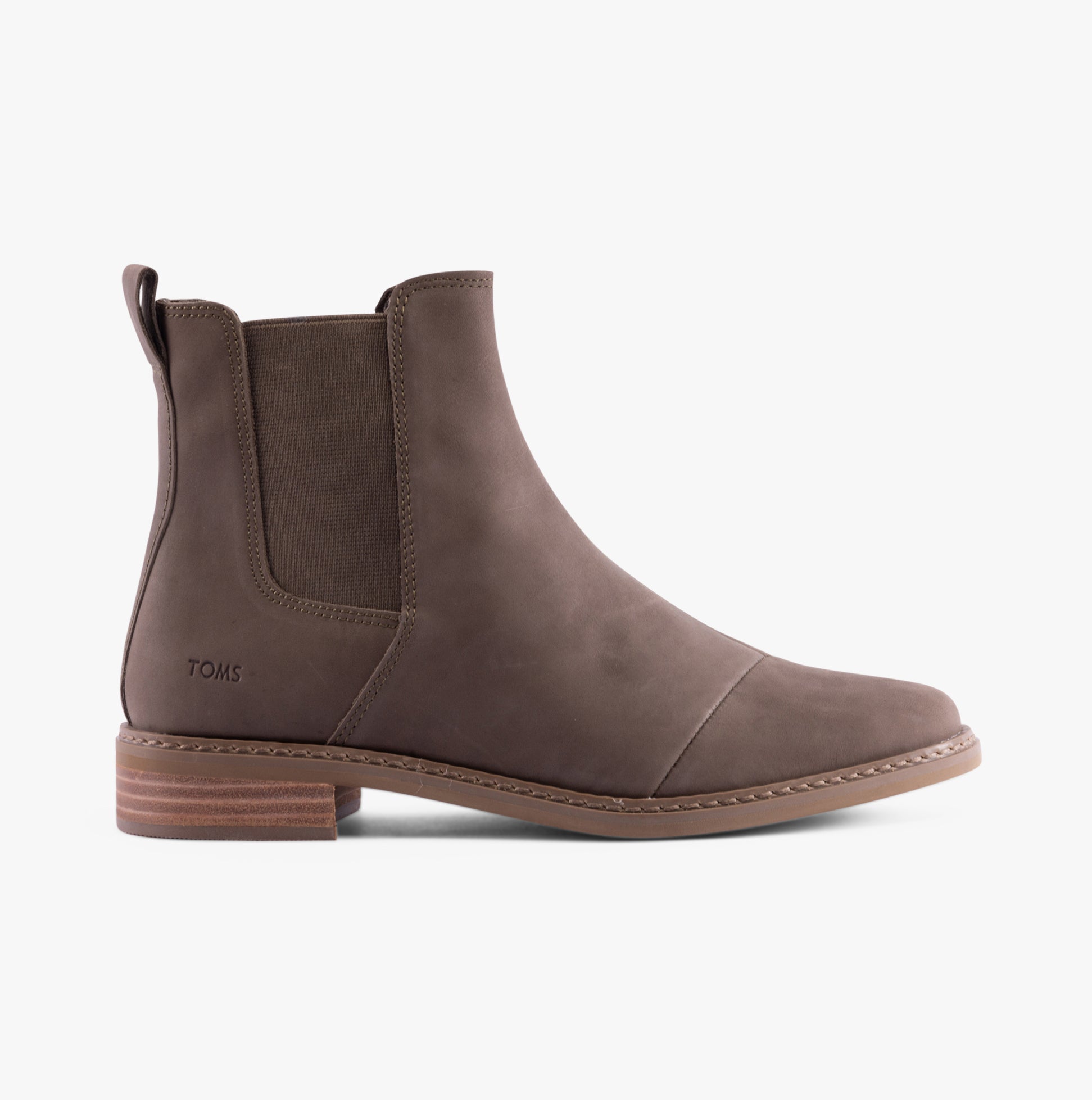TOMS CHARLIE Womens Boots Green side view showcasing Chelsea boot style with leather upper and elasticated side panel.