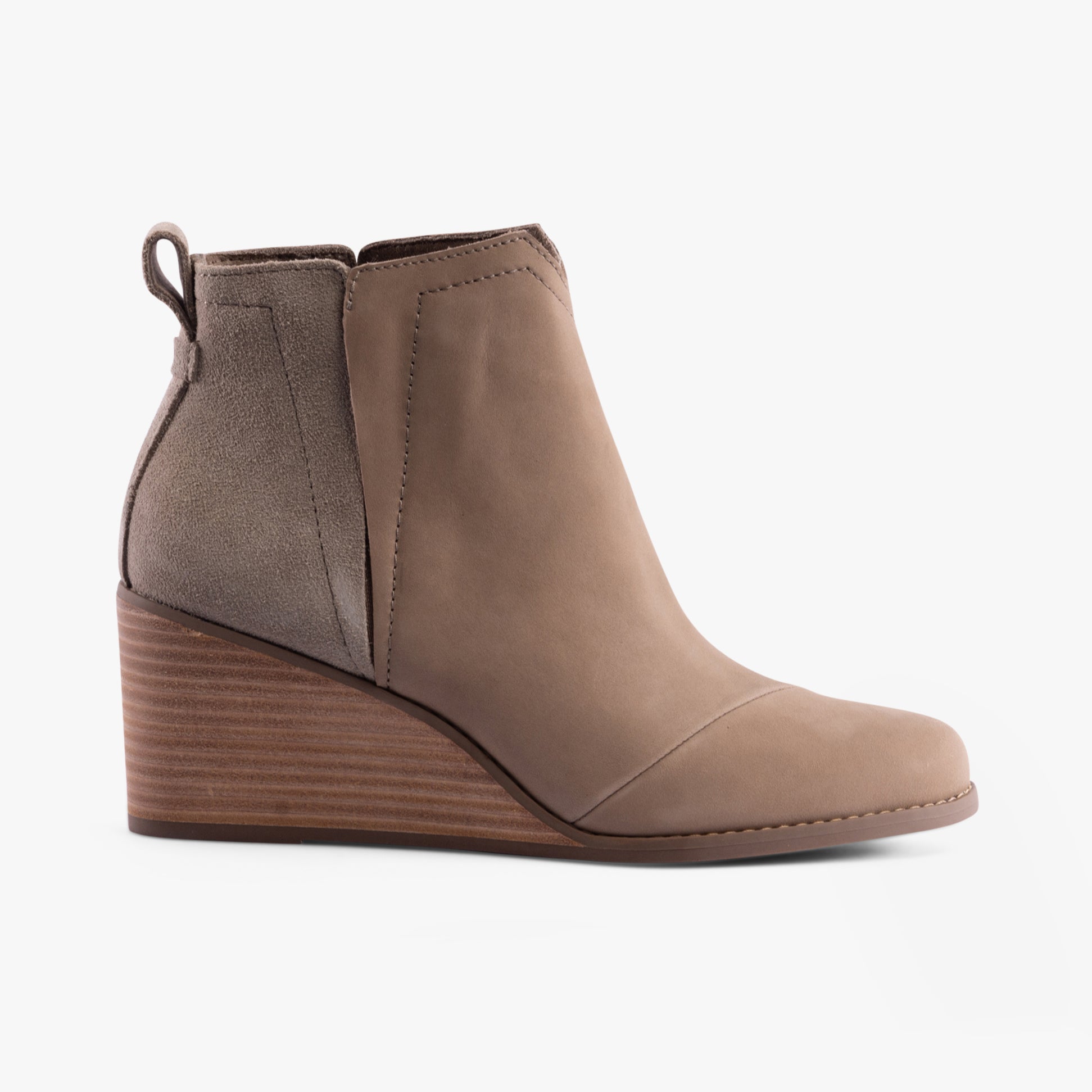 TOMS CLARE Womens Boots Natural side view showing leather and suede materials with wedge heel.