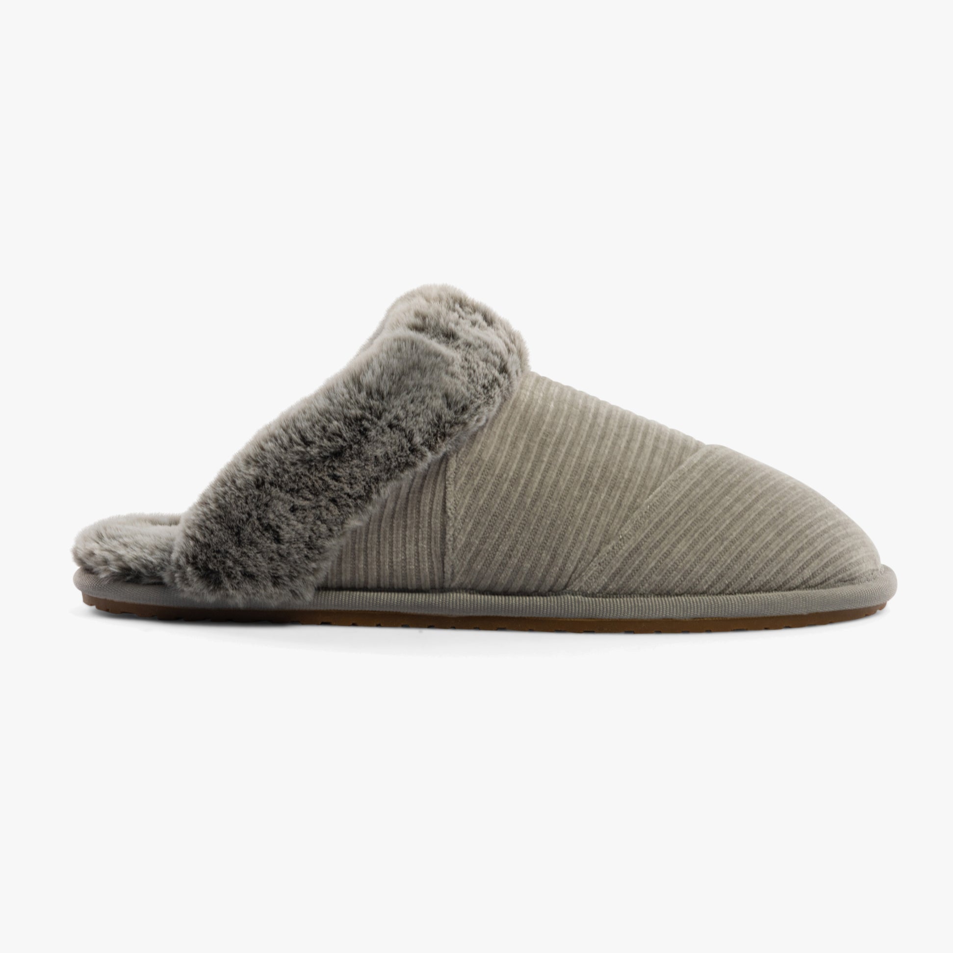 TOMS VALERIE Womens Slippers Grey side view showcasing the relaxed slip-on design and plush lining for comfort.