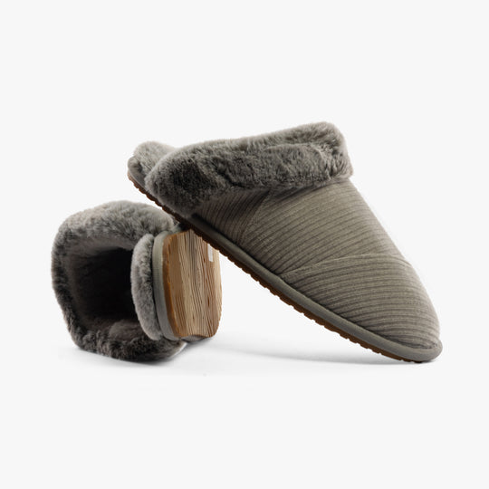 TOMS VALERIE Womens Slippers Grey side view showing cozy textile upper and soft lining.