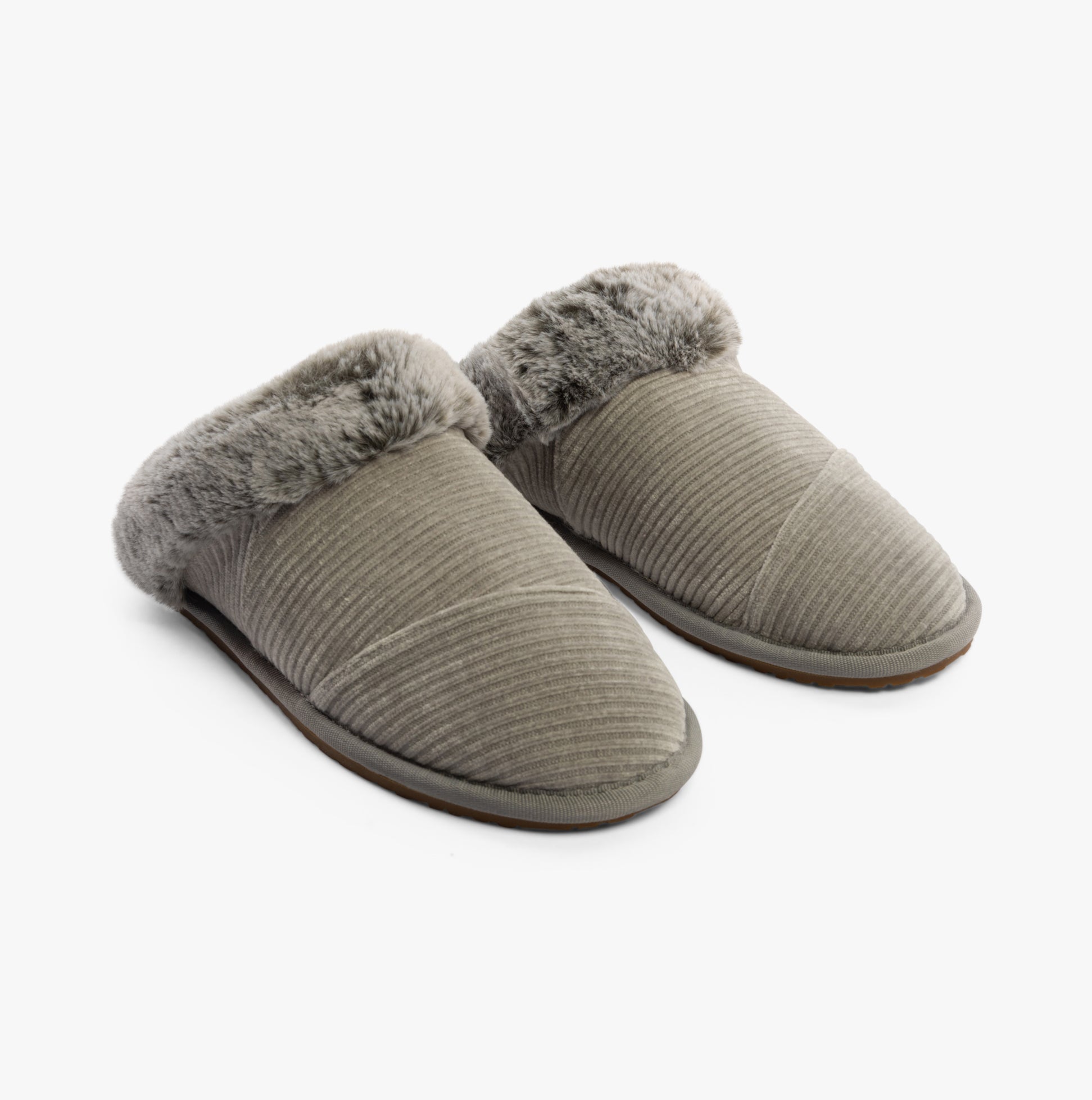 TOMS VALERIE Womens Slippers Grey side view showing soft textile upper and faux fur lining.