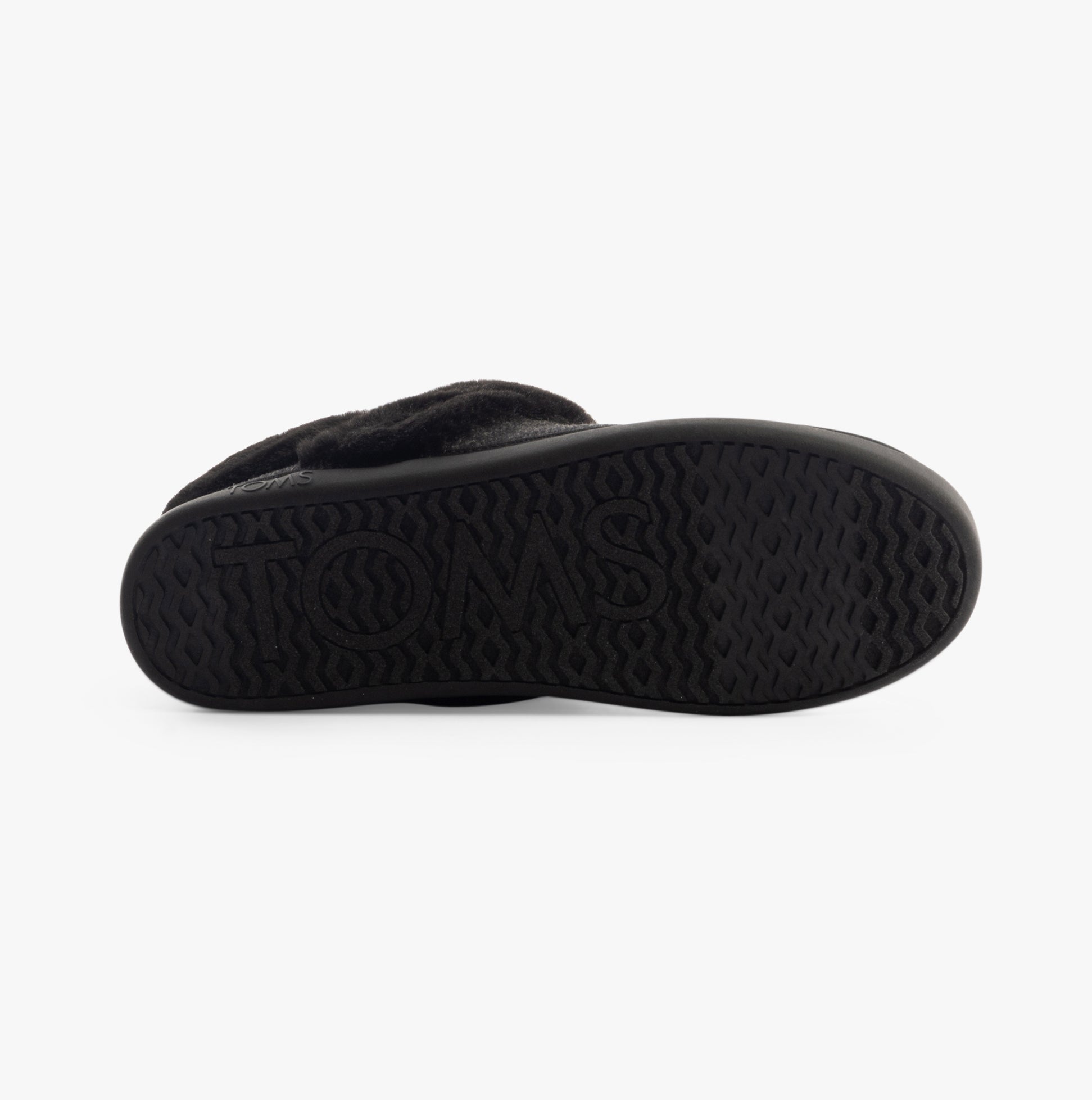 TOMS OSLO Womens Slippers Black bottom view showcasing rubber sole with embossed logo