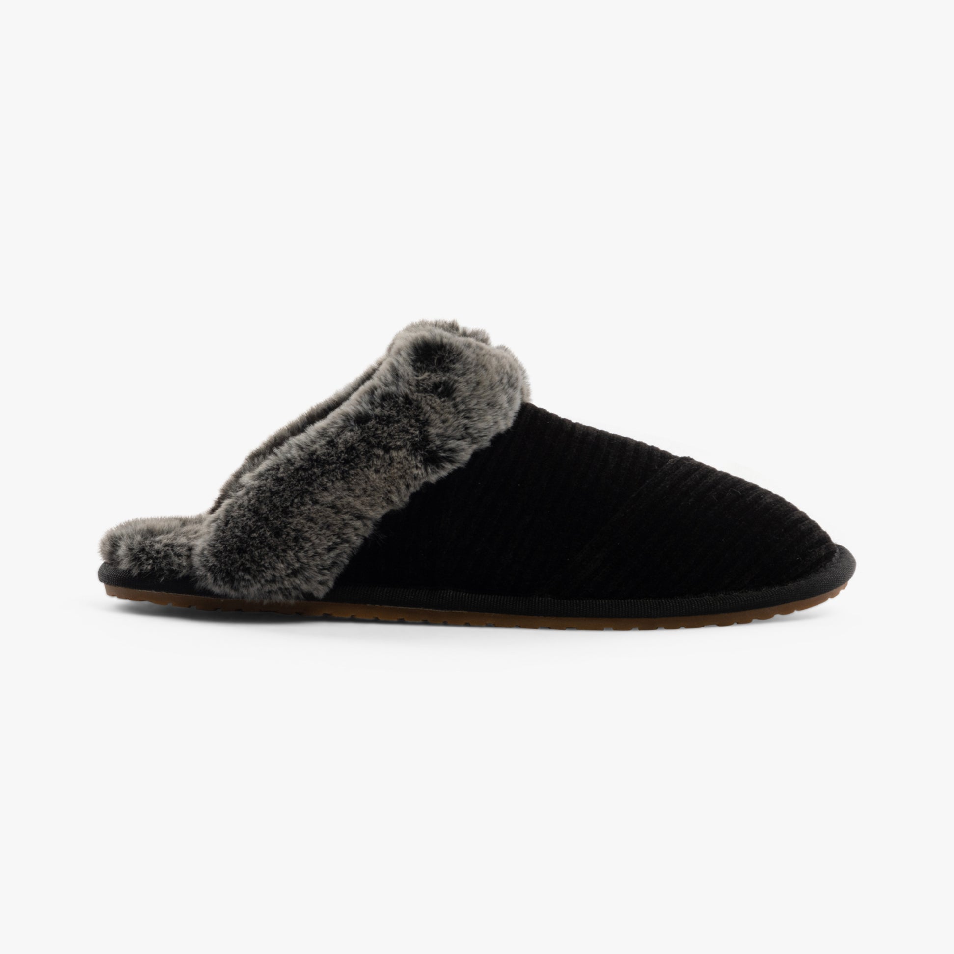 TOMS VALERIE Womens Slippers Black side view showing textile upper and warm lining.