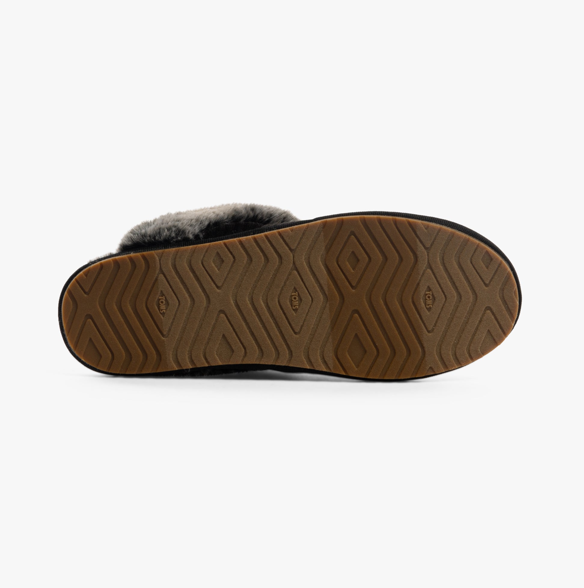 TOMS VALERIE Womens Slippers Black bottom view showcasing rubber sole design and texture.
