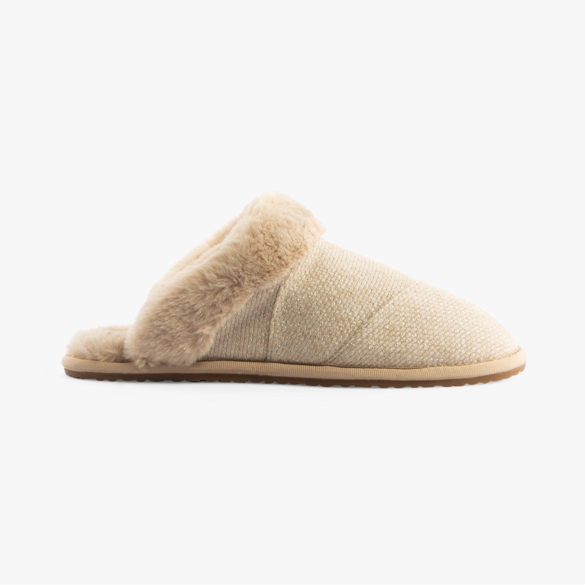 TOMS VALERIE Womens Slippers Natural side view showcasing the textile upper and plush lining.