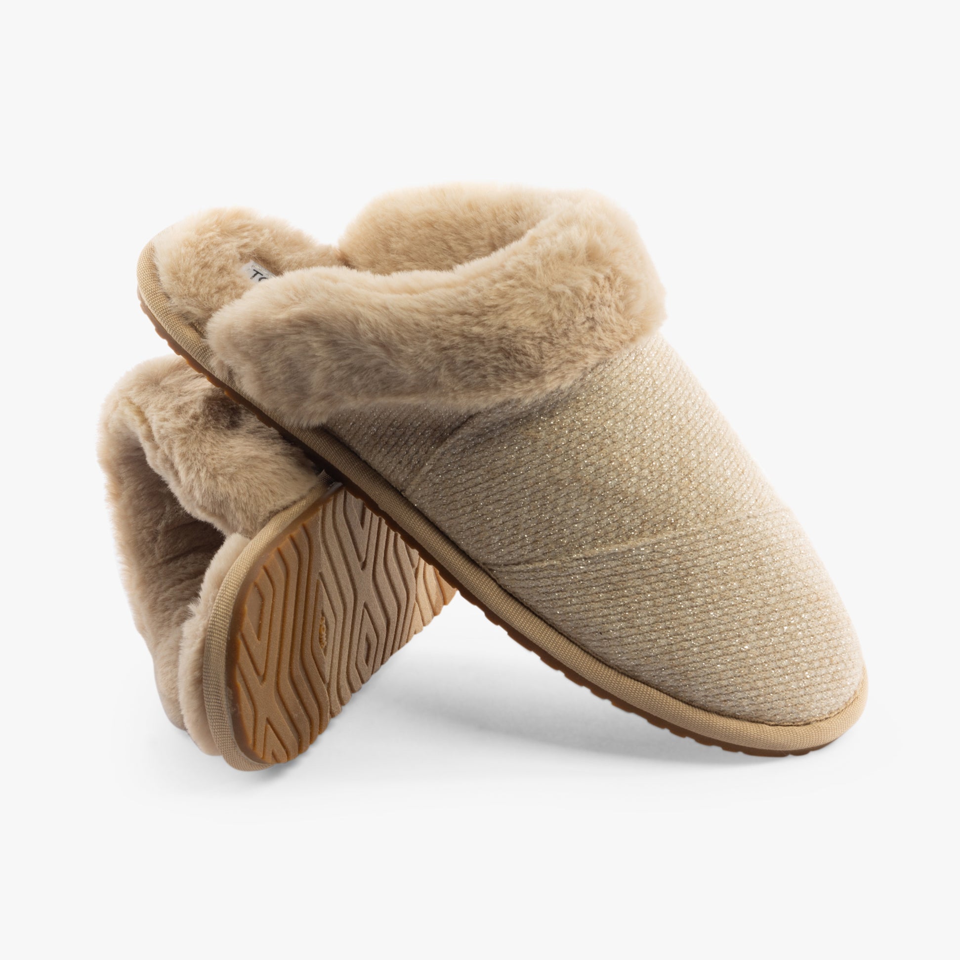 TOMS VALERIE Womens Slippers Natural side view with plush lining and rubber sole.