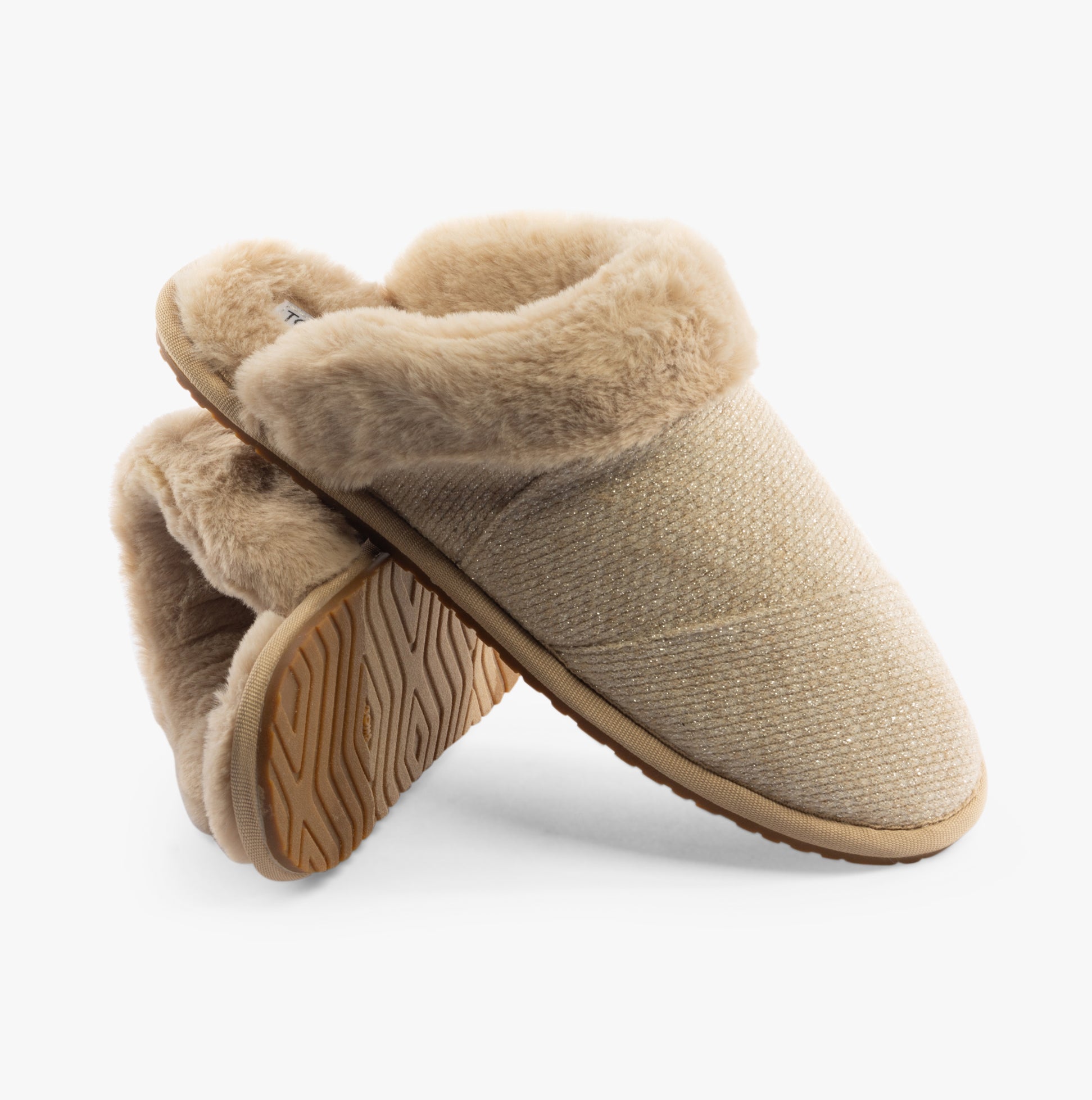 TOMS VALERIE Womens Slippers Natural side view with plush lining and rubber sole.