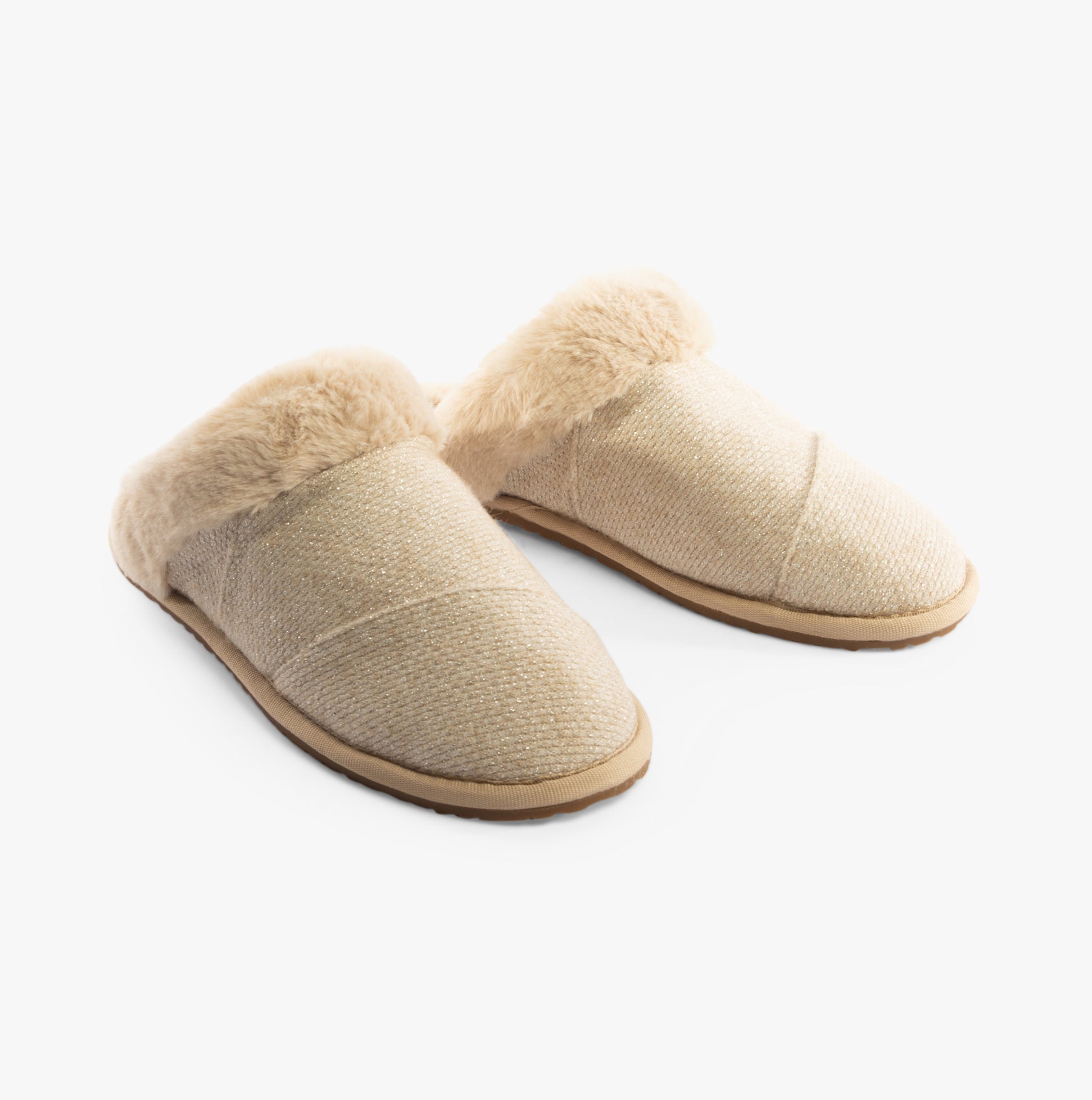 TOMS VALERIE Womens Slippers Natural side view showing soft textile upper and warm lining with slip-on design.