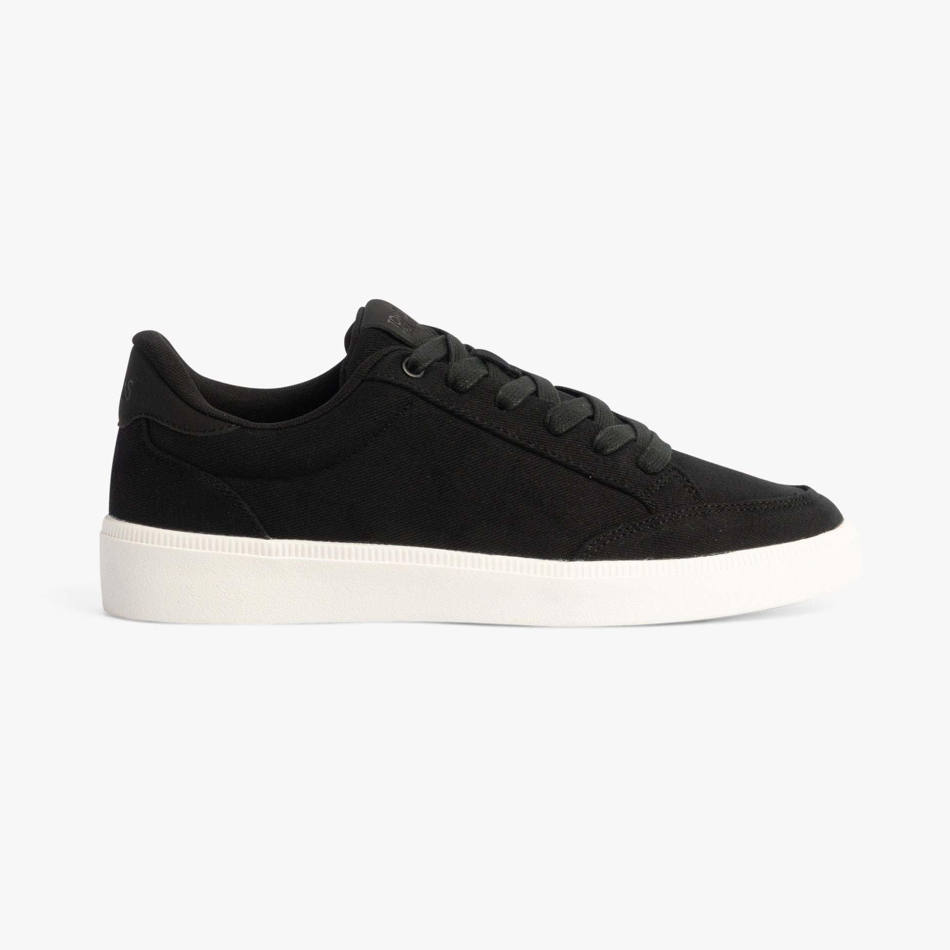 TOMS TRVL LITE RIO Mens Trainers Black side view showcasing the black textile upper and white rubber sole.