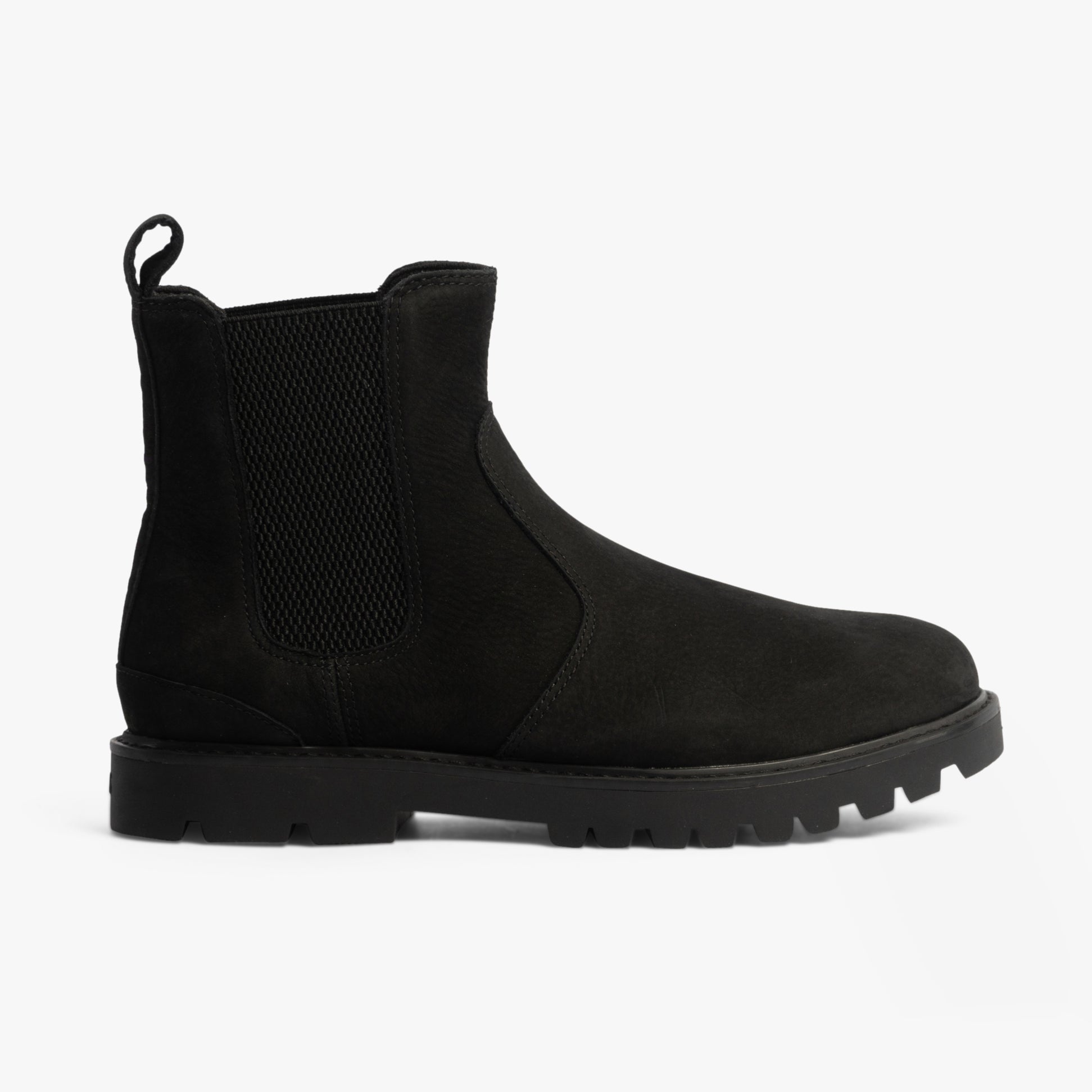TOMS GRIFFIN Mens Boots Black side view showcasing suede upper and elasticated side panel.