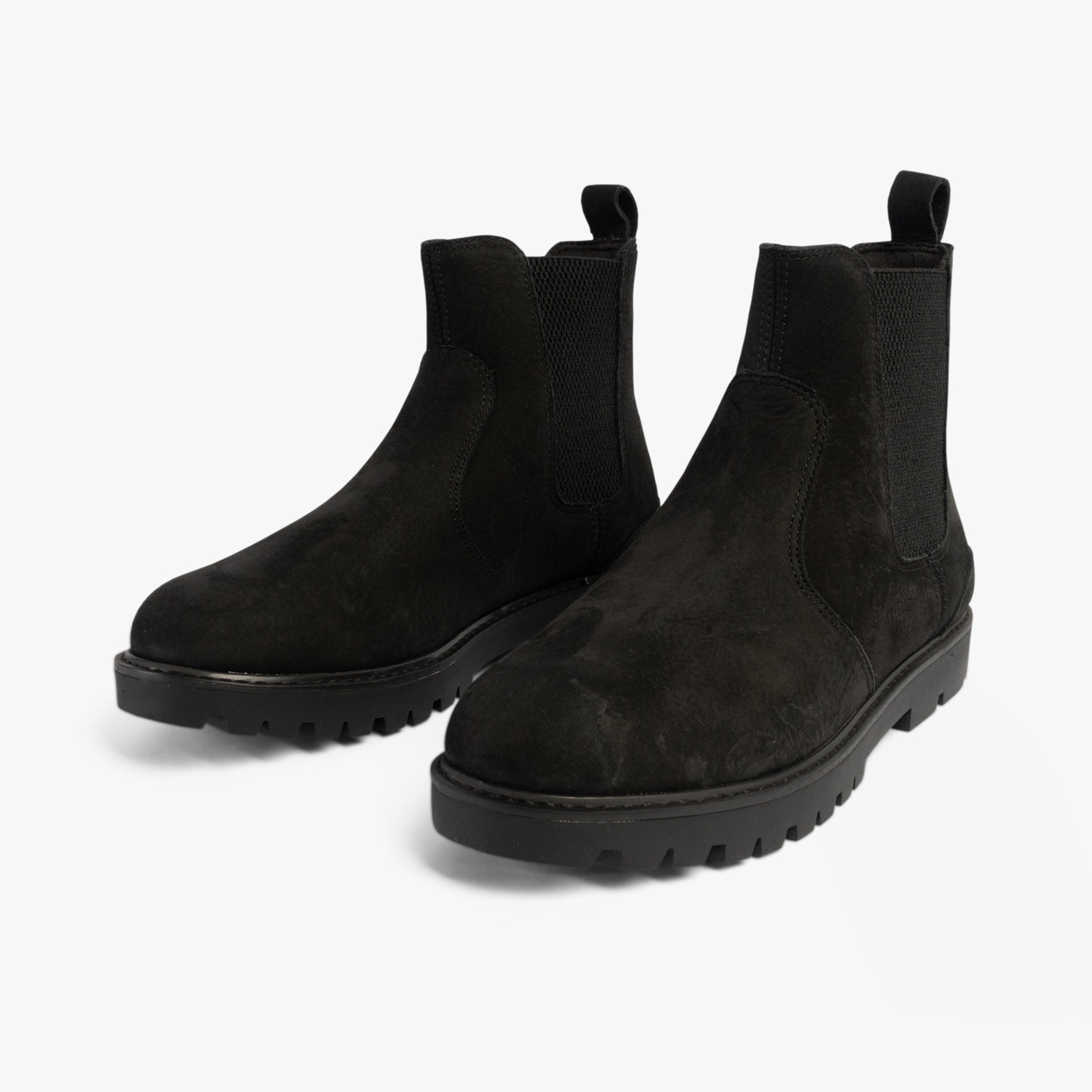 TOMS GRIFFIN Mens Boots Black side view showcasing suede upper, elasticated side panels, and flat rubber sole.