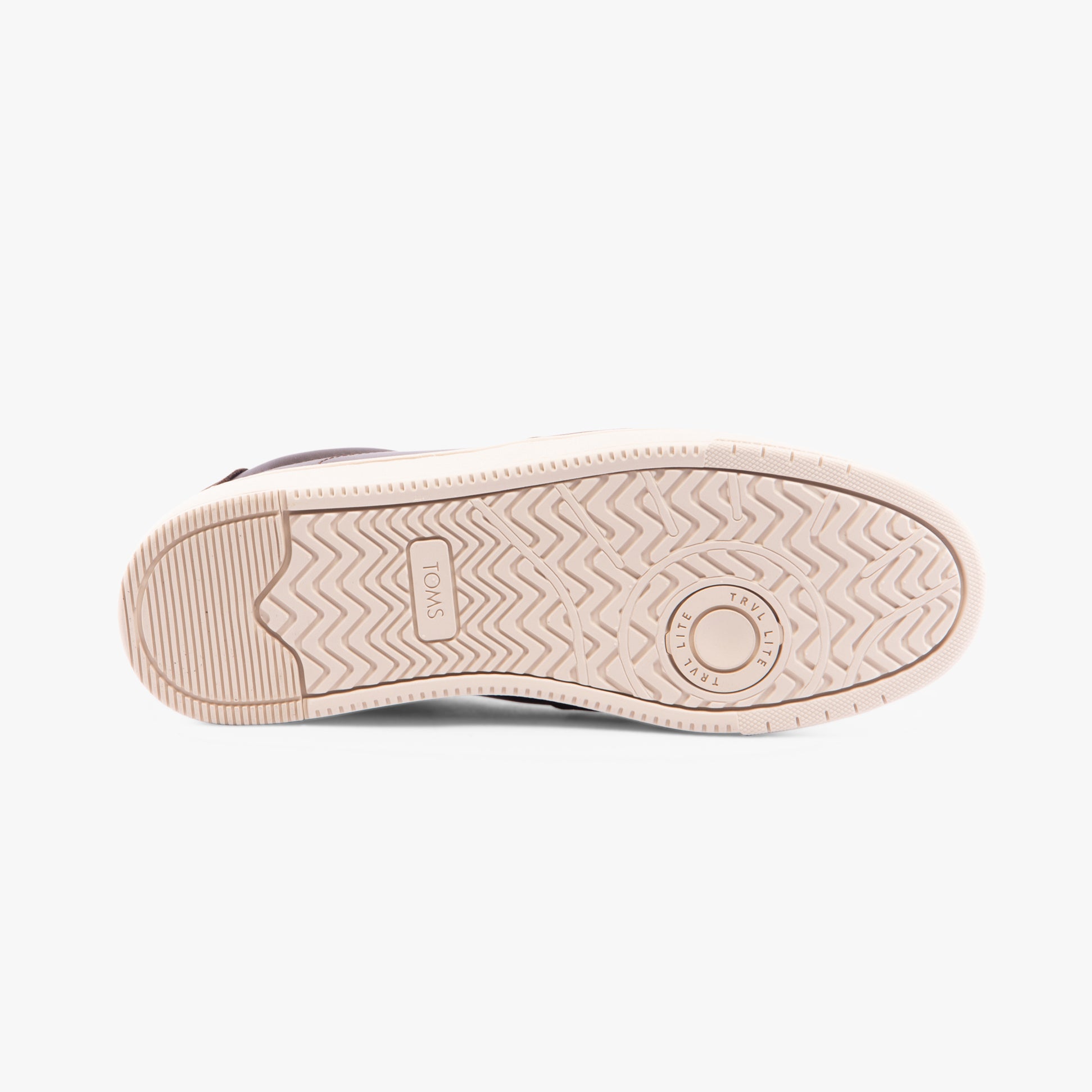 TOMS TRVL LITE COURT Mens Trainers Brown bottom view showcasing the rubber sole texture and design.