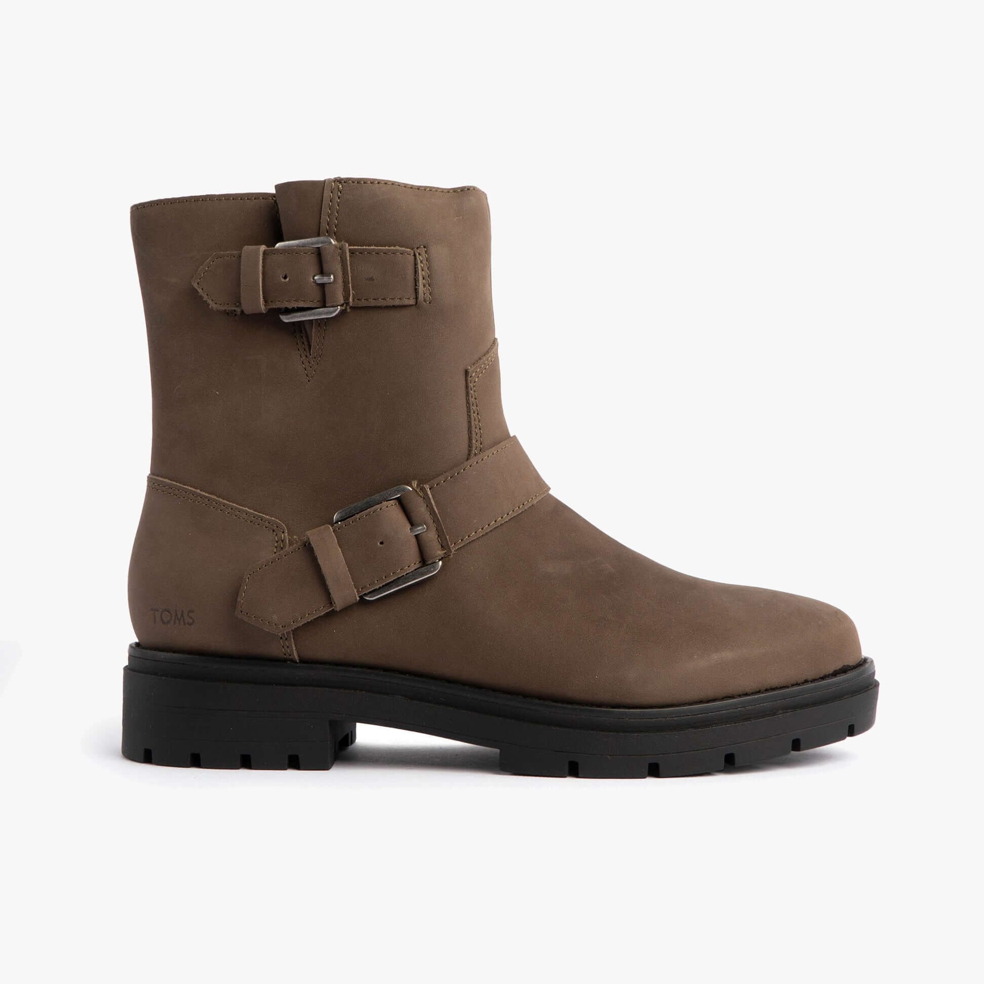TOMS IONIE MOTO Womens Ankle Boots Green side view showcasing stylish buckles and sturdy sole