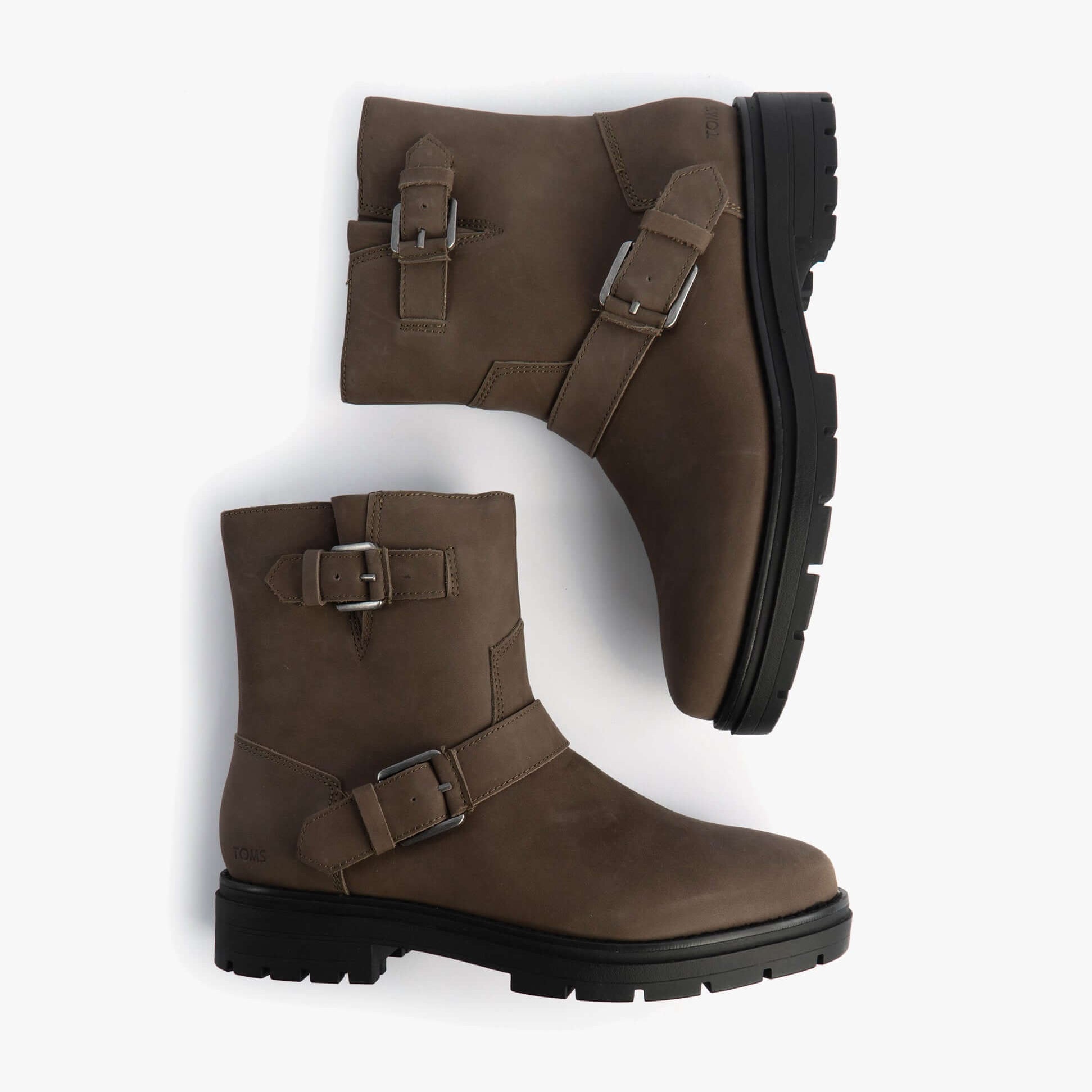 TOMS IONIE MOTO Womens Ankle Boots Green side view showing buckle detail and sturdy sole.