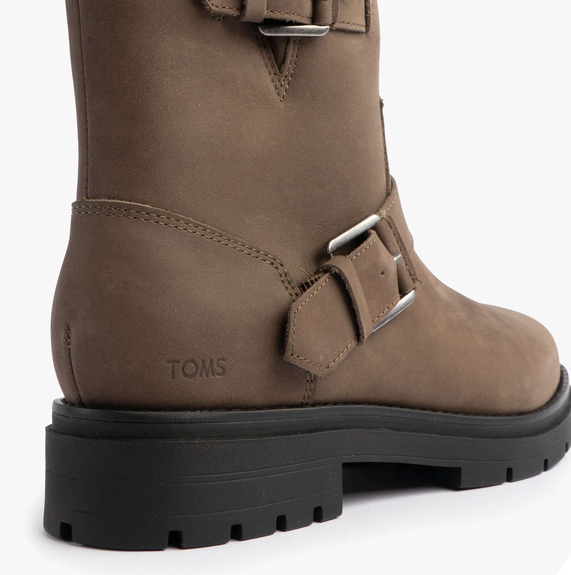 TOMS IONIE MOTO Womens Ankle Boots Green rear view showcasing nubuck material and buckle detail.
