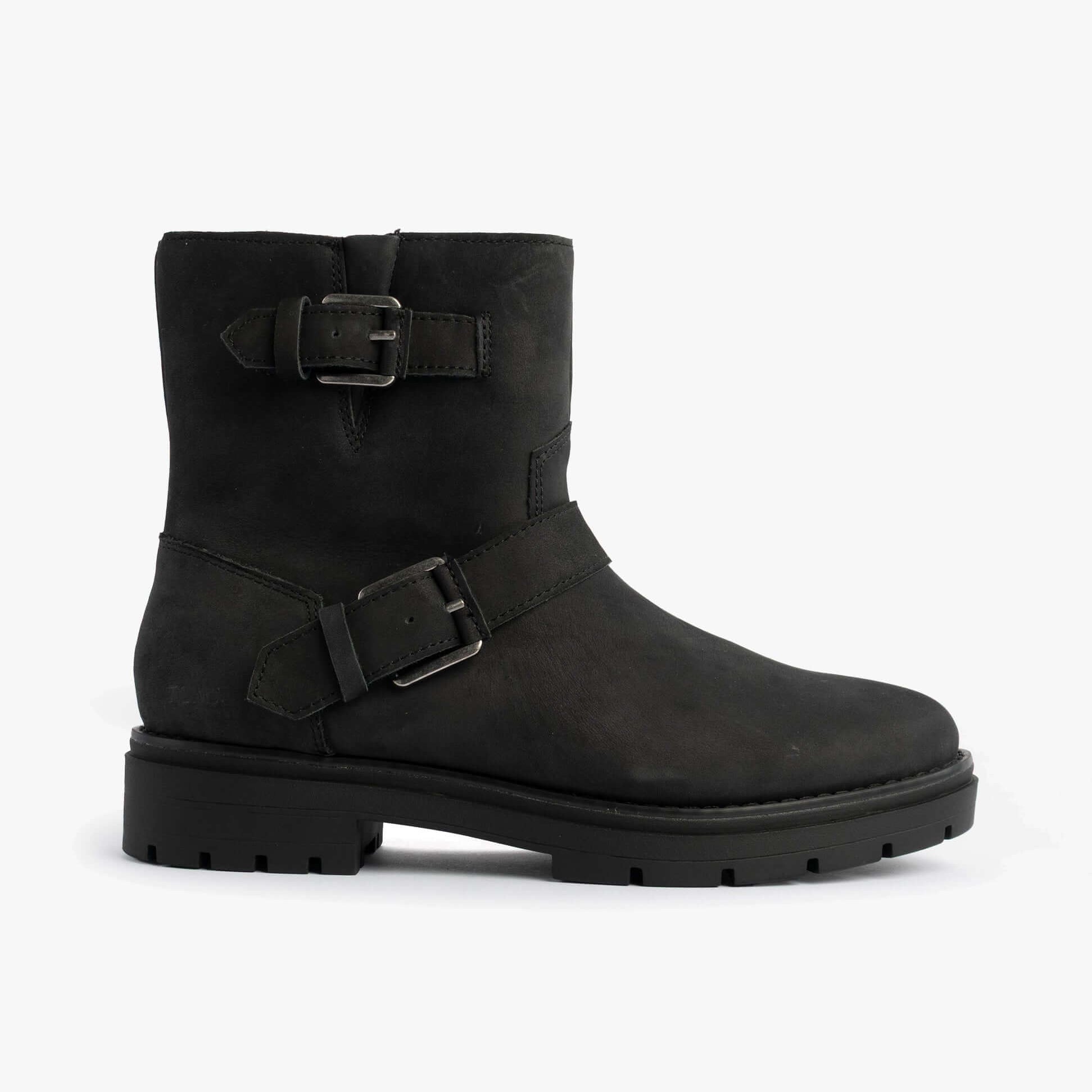 TOMS IONIE MOTO Womens Ankle Boots Black side view showing leather upper and buckle details.
