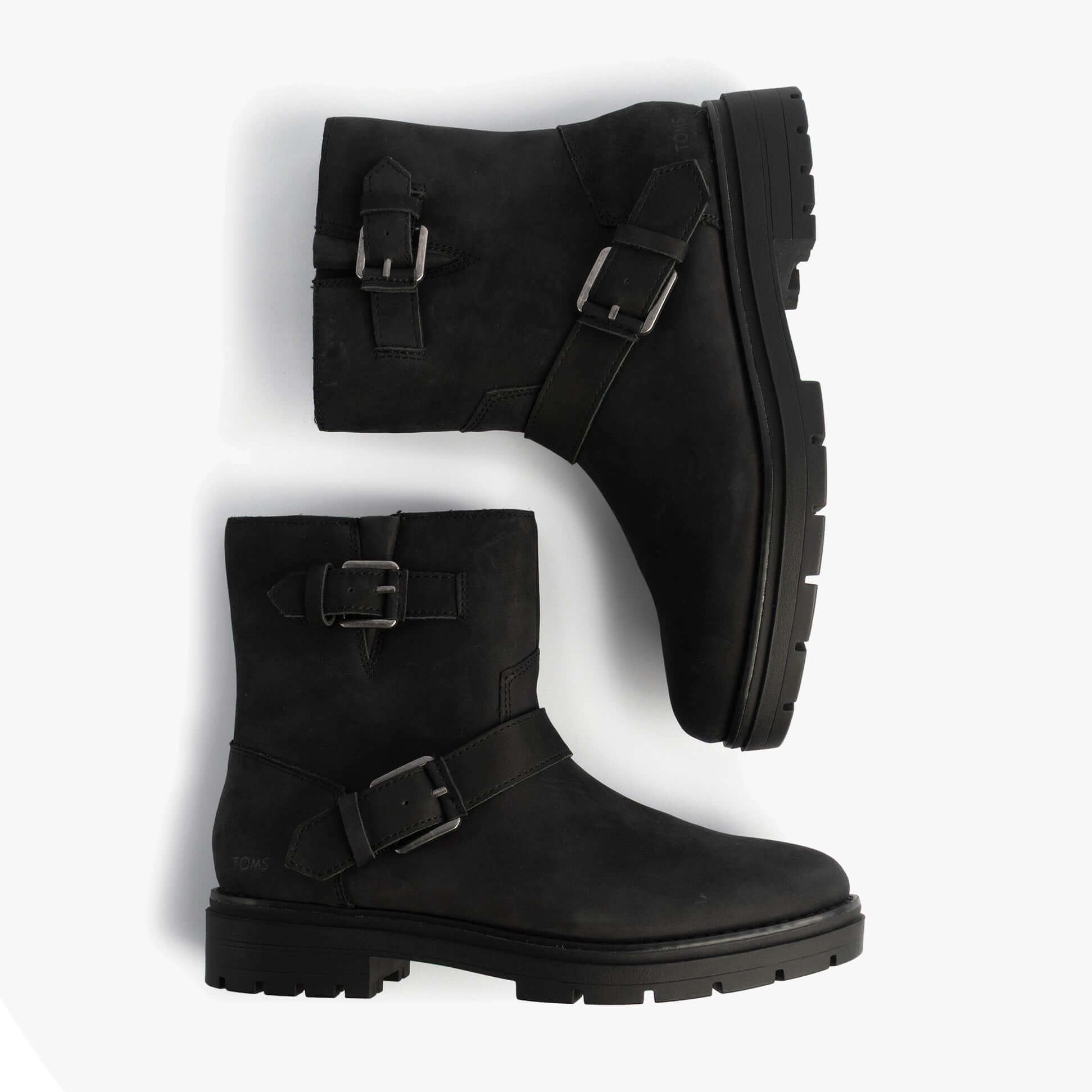 TOMS IONIE MOTO Womens Ankle Boots Black side view with buckles and rubber sole.