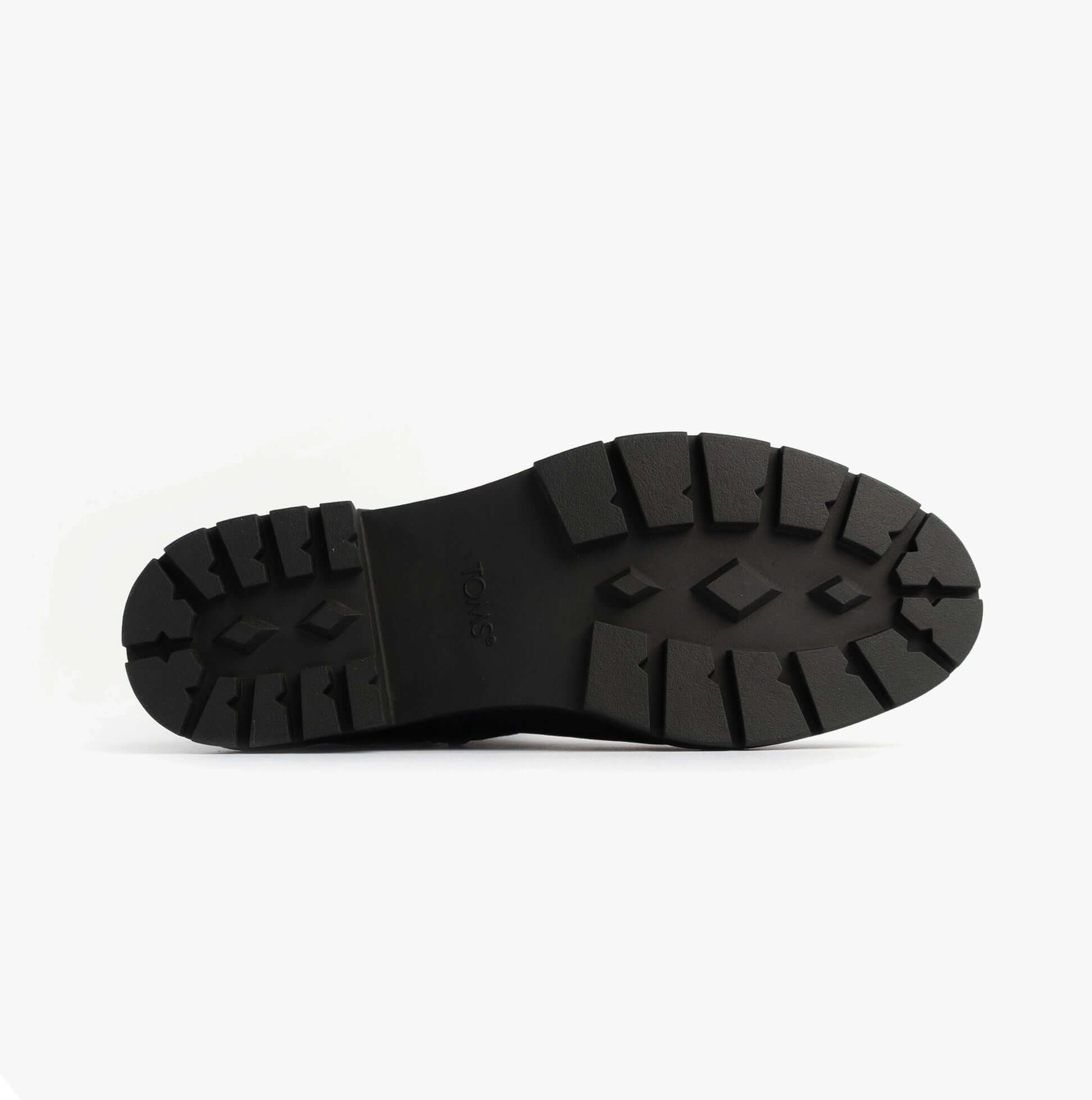TOMS IONIE MOTO Womens Ankle Boots Black bottom view showing rubber sole, ideal for comfort and traction.