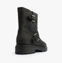 TOMS IONIE MOTO Womens Ankle Boots Black side view showcasing leather material and buckle details.