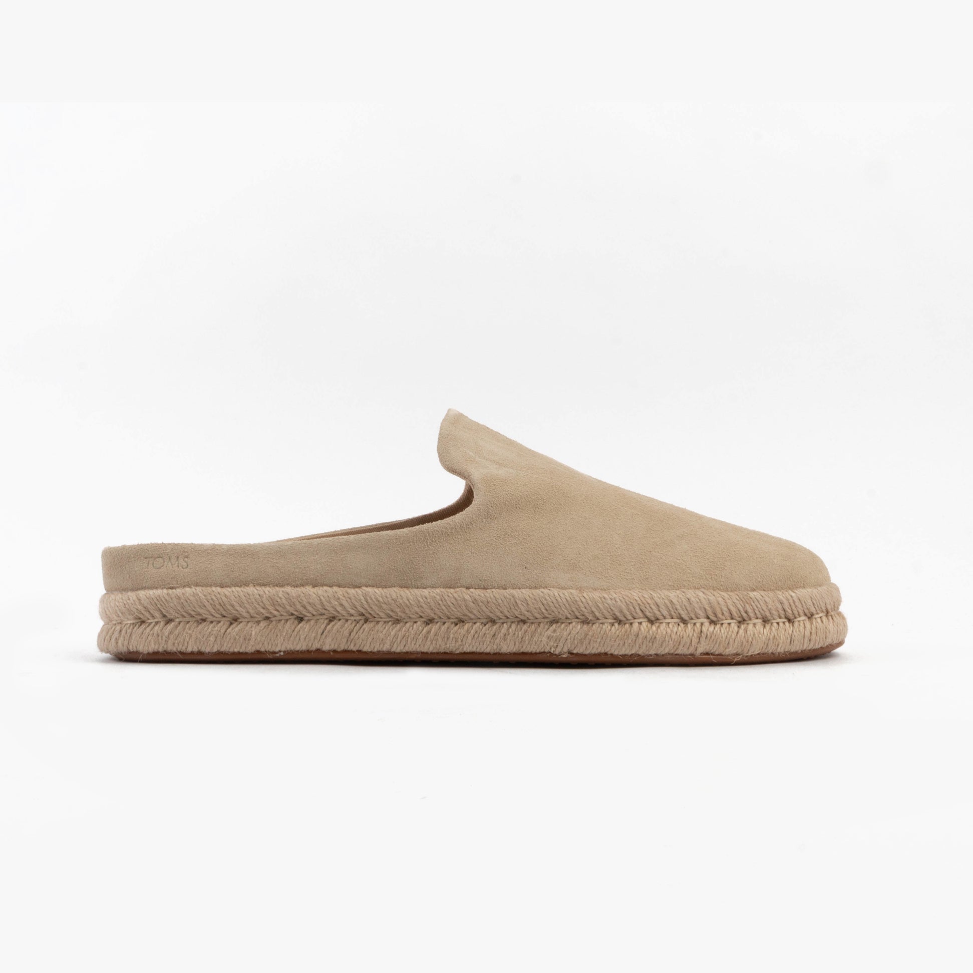 TOMS SANTIAGO MULE Mens Espadrille Beige side view, suede upper with slip-on design and flat sole.
