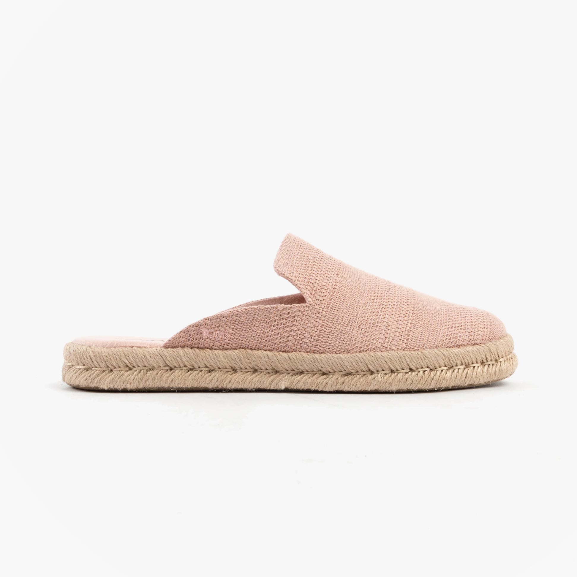 TOMS SANTIAGO MULE Womens Espadrille Pink side view showcasing soft pink suede upper and lightweight design.