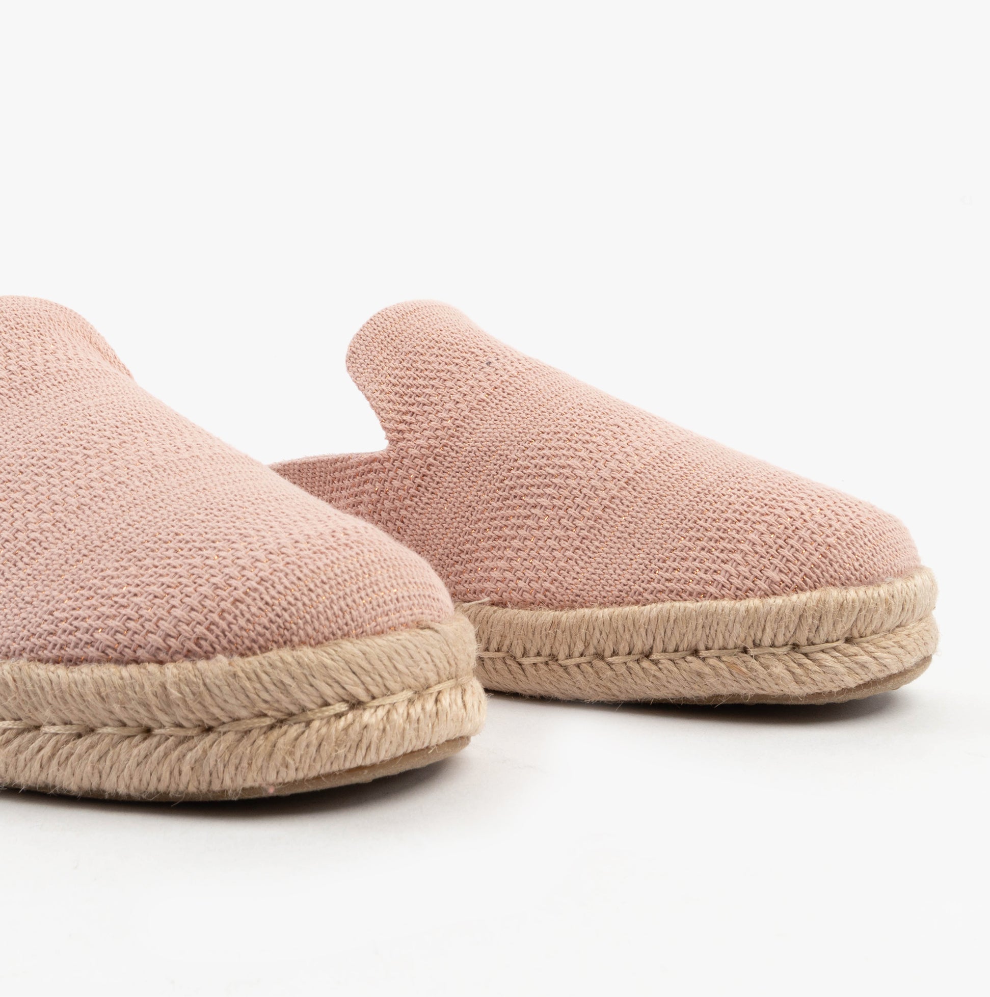 TOMS SANTIAGO MULE Womens Espadrille Pink side view close-up of the lightweight suede upper and round toe design.