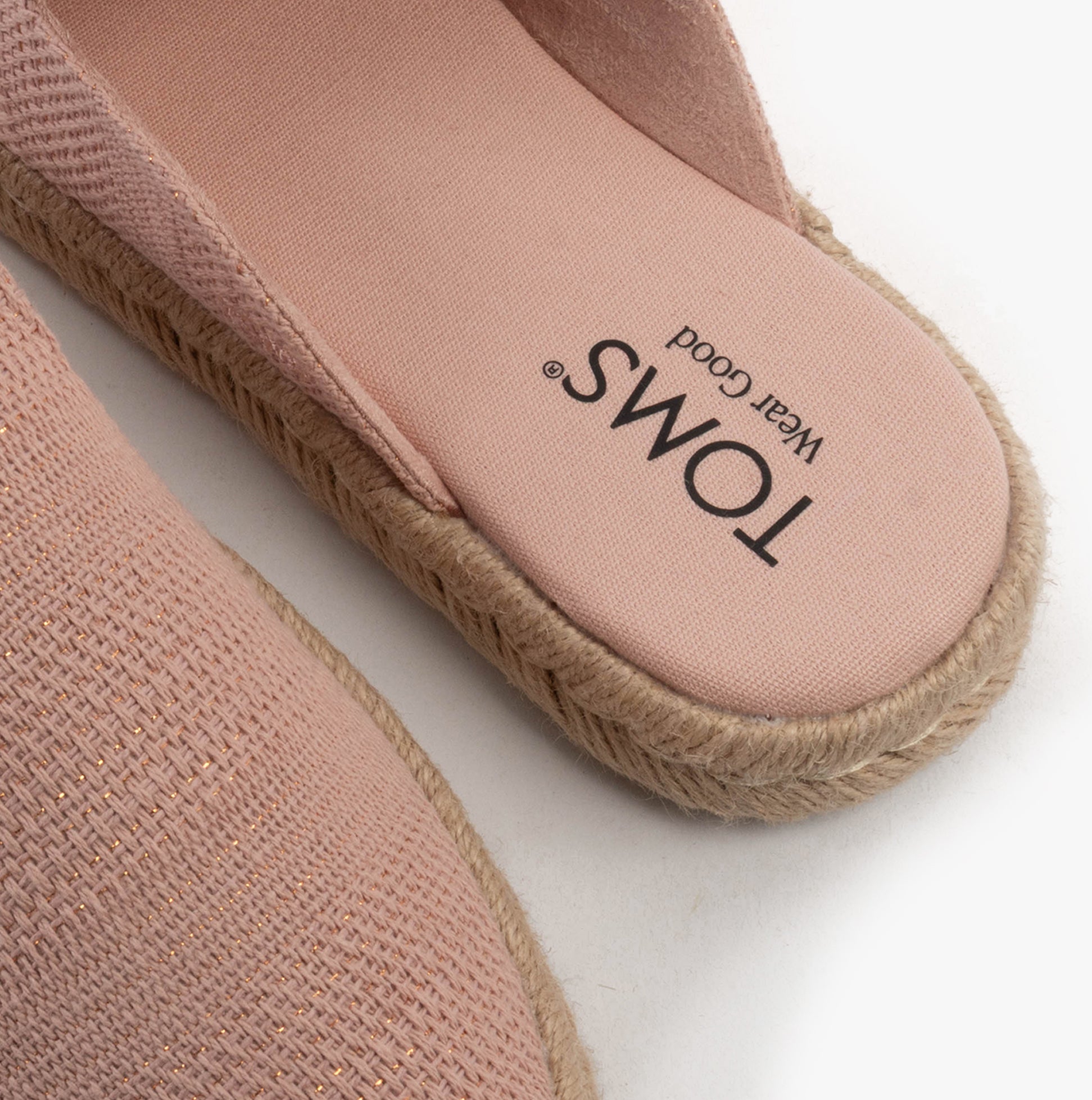 TOMS SANTIAGO MULE Womens Espadrille Pink detail view showcasing soft suede upper and textured insole.