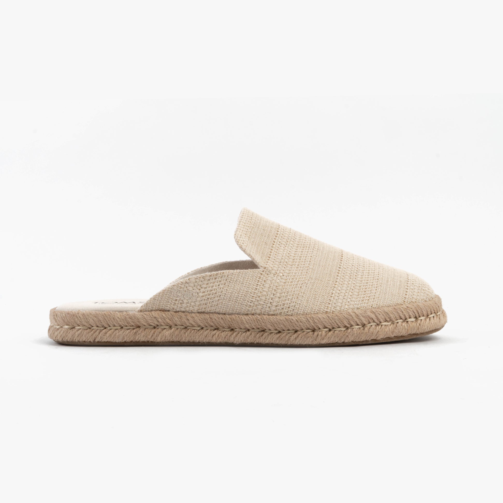 TOMS SANTIAGO MULE Womens Espadrille Natural side view displaying the suede upper and lightweight design.