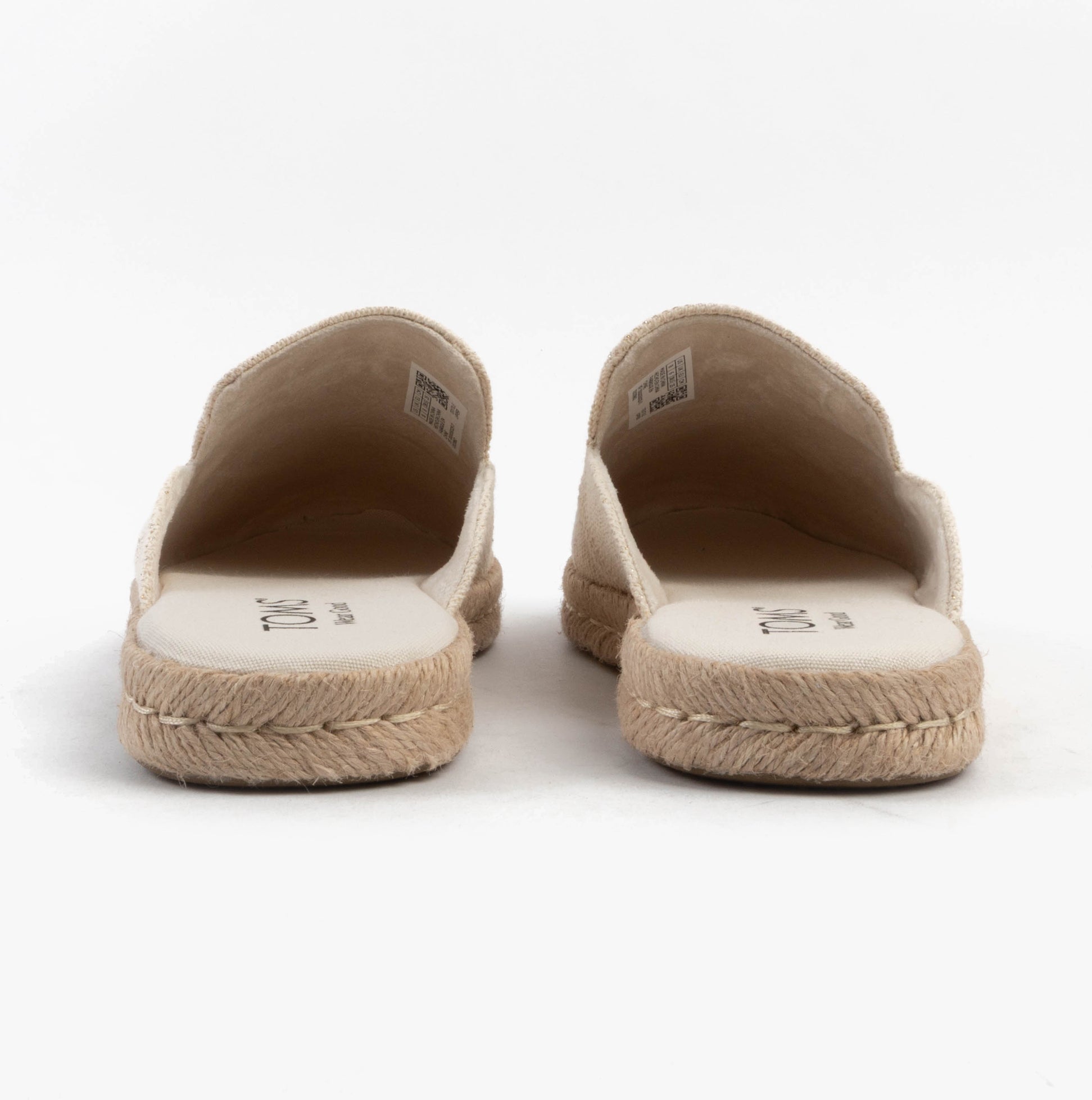 TOMS SANTIAGO MULE Womens Espadrille Natural back view showing suede upper and round toe design.