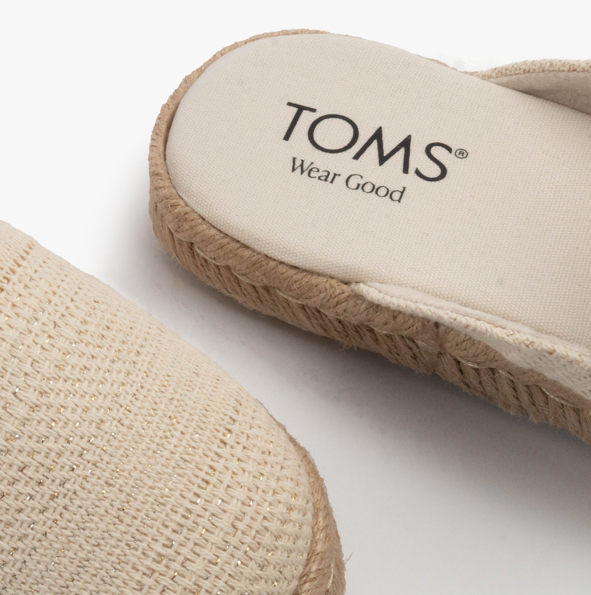 TOMS SANTIAGO MULE Womens Espadrille Natural detail view showing the lightweight suede upper and rubber sole.