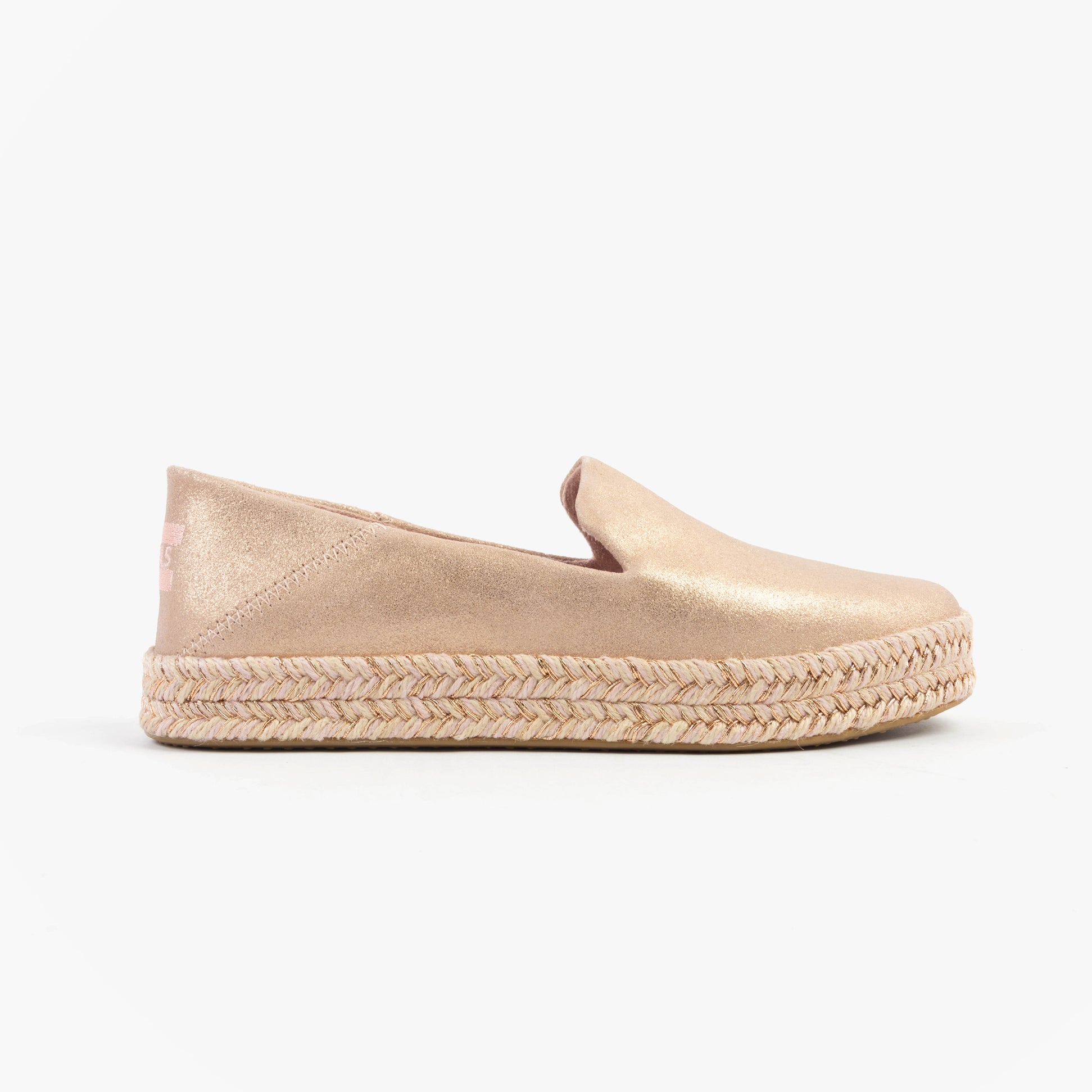 TOMS CAROLINA Womens Espadrille Pink side view showing suede upper and rubber sole.