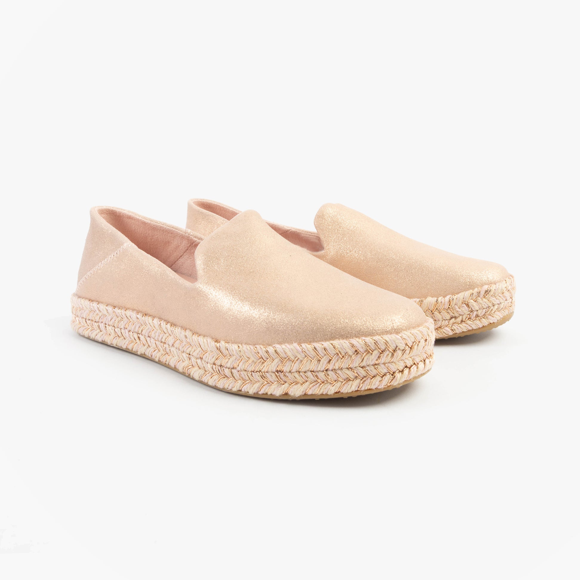 TOMS CAROLINA Womens Espadrille Pink side view showing suede upper and braided sole.