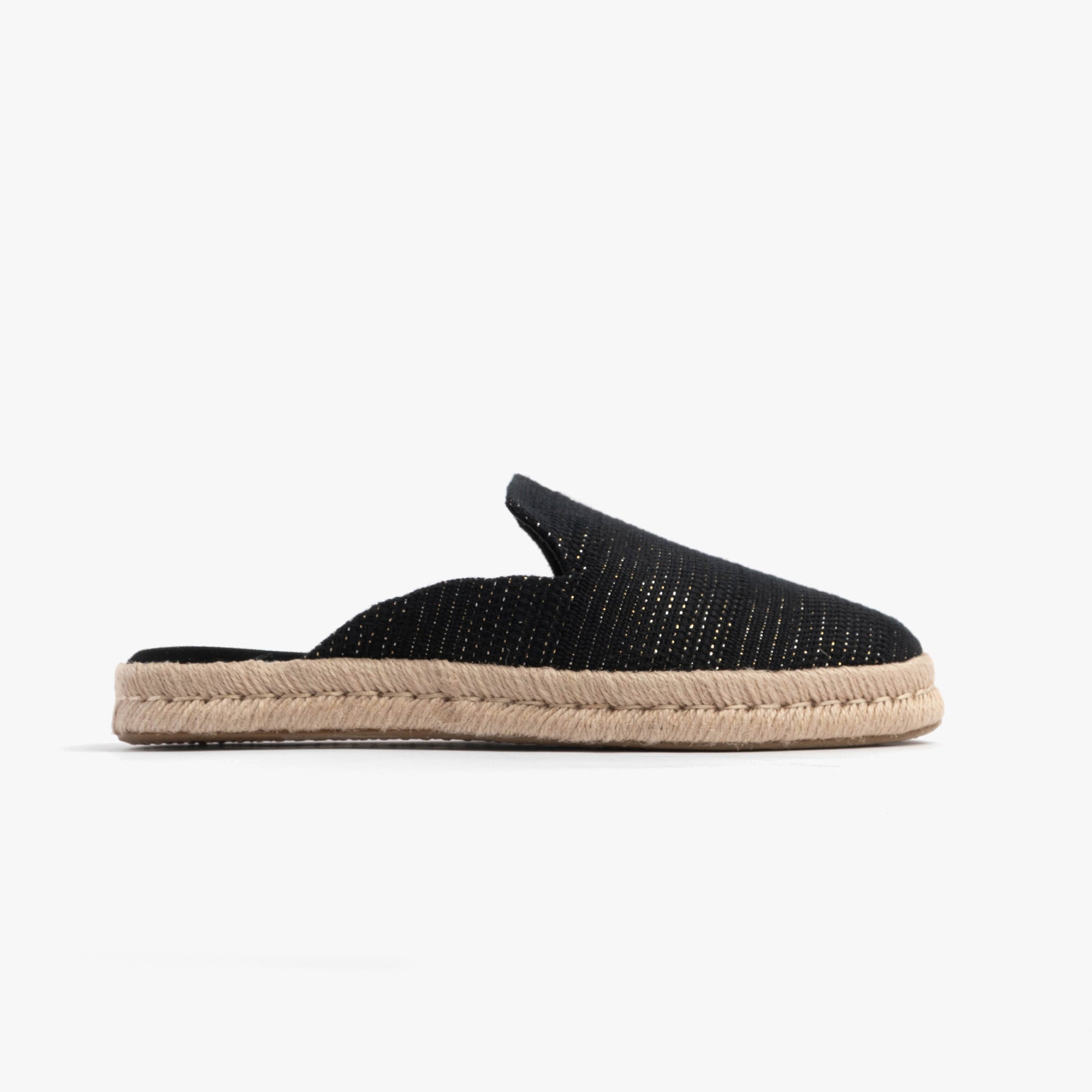 TOMS SANTIAGO MULE Womens Espadrille Black side view showing sleek design and comfortable slip-on style.