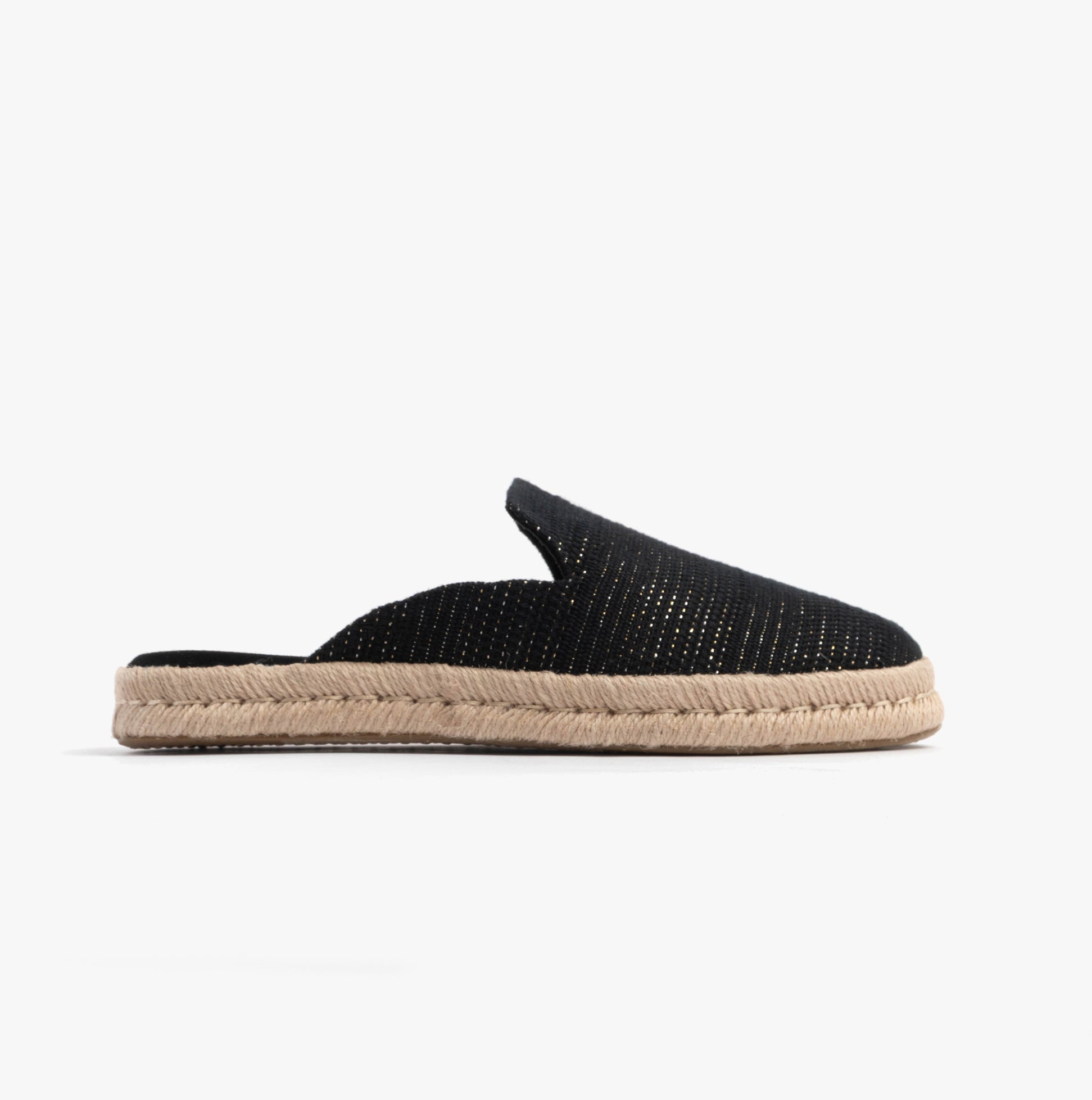 TOMS SANTIAGO MULE Womens Espadrille Black side view showing sleek design and comfortable slip-on style.
