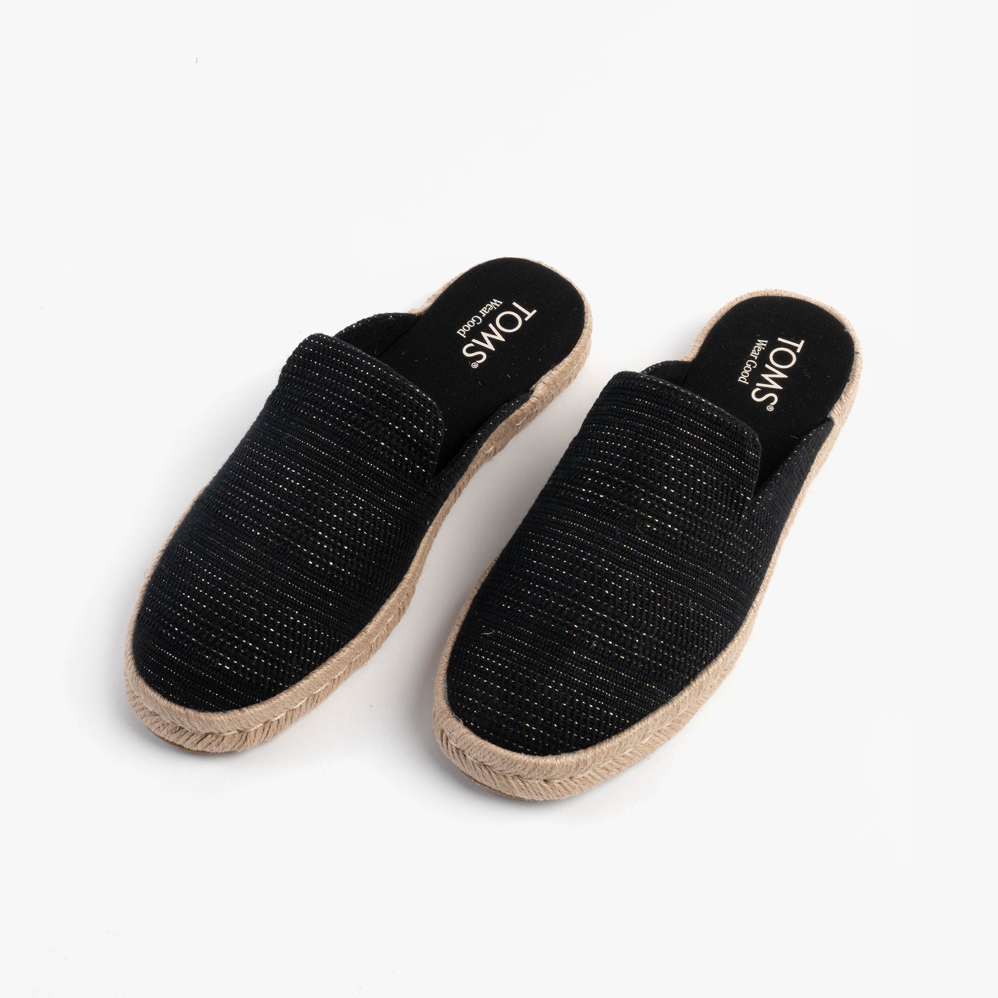 TOMS SANTIAGO MULE Womens Espadrille Black top view showcasing suede upper and slip-on design
