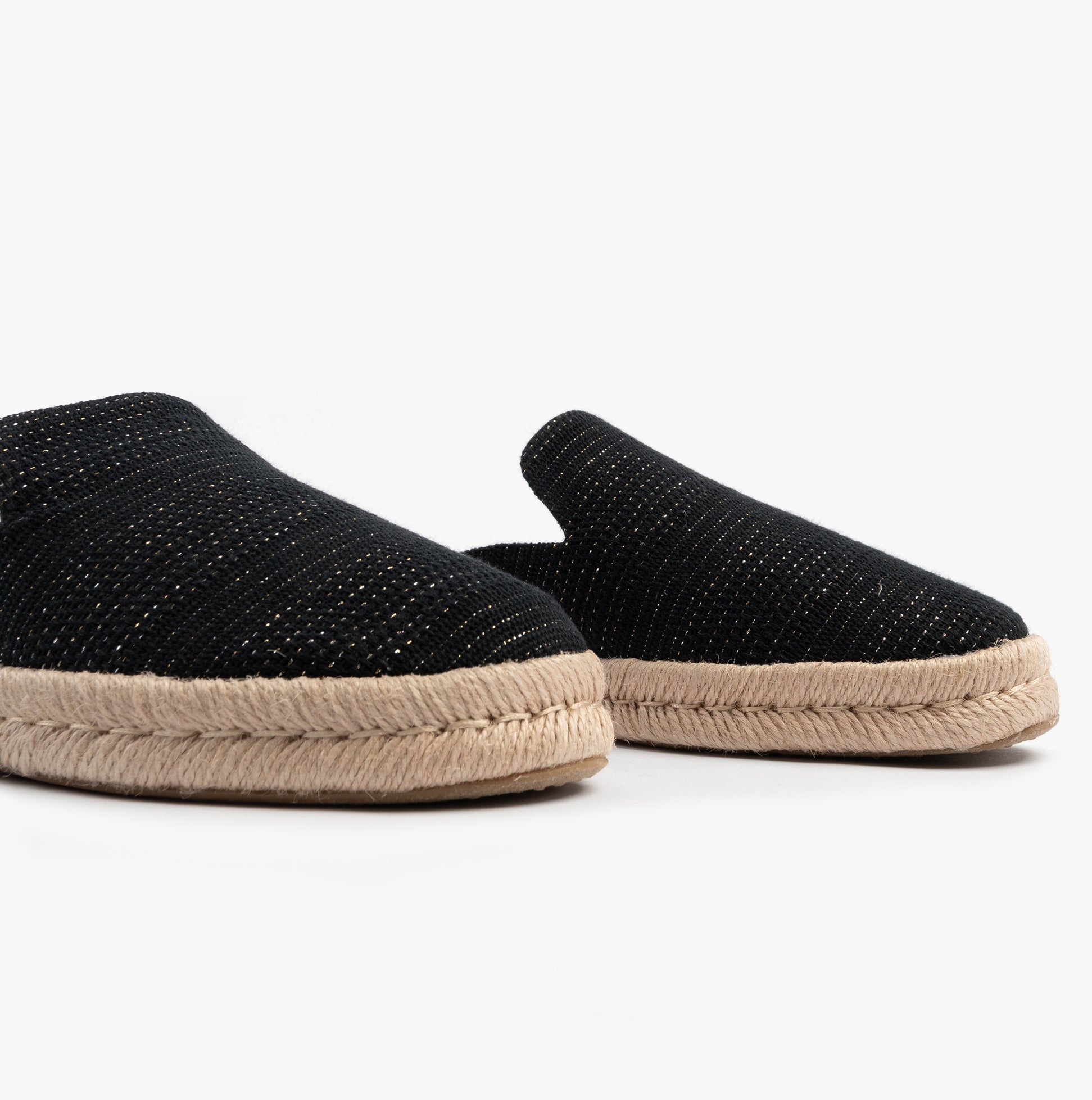 TOMS SANTIAGO MULE Womens Espadrille Black side view showcasing suede upper and jute sole