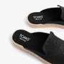 TOMS SANTIAGO MULE Womens Espadrille Black top view showcasing suede upper and textile lining details