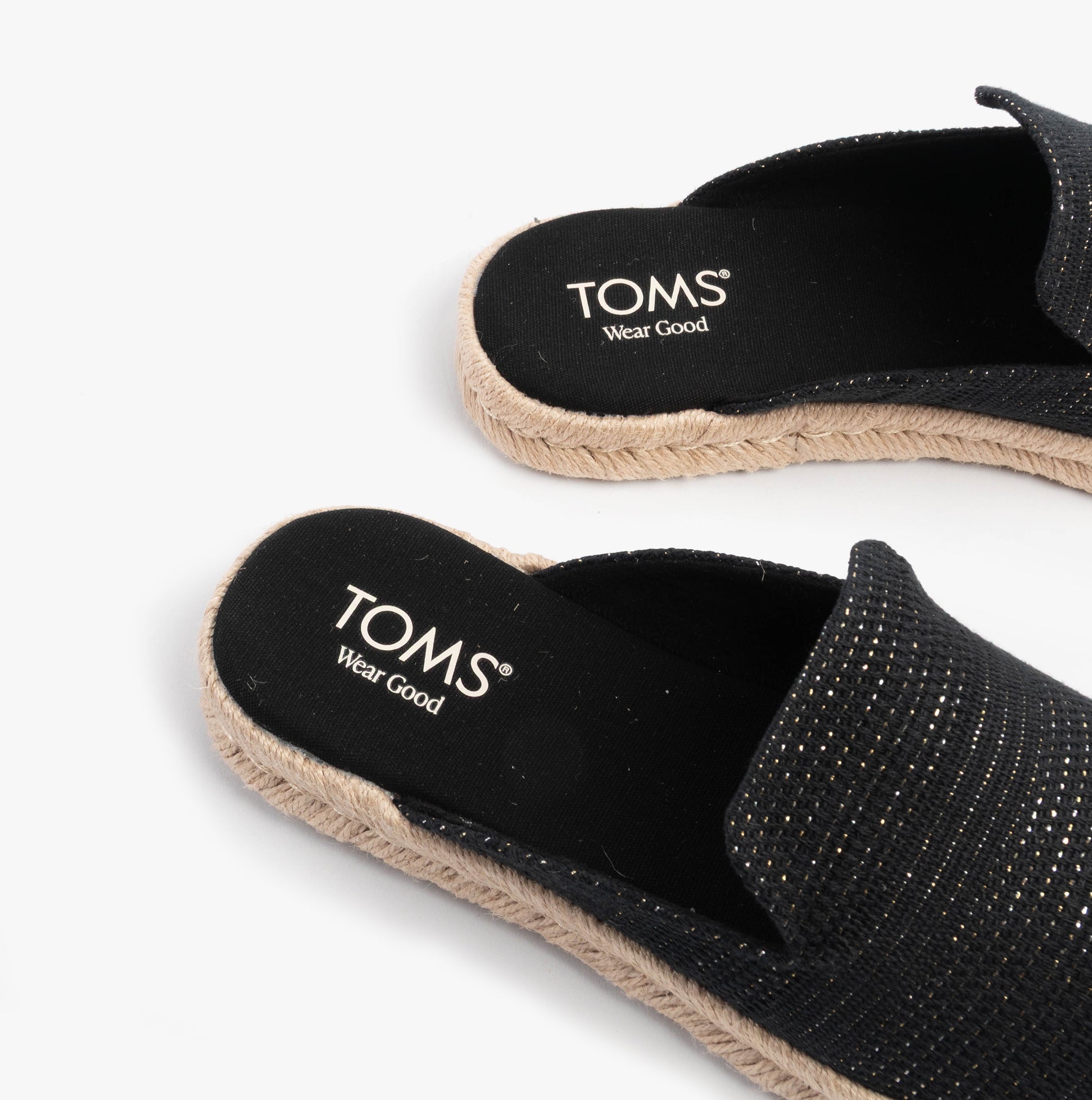 TOMS SANTIAGO MULE Womens Espadrille Black top view showcasing suede upper and textile lining details